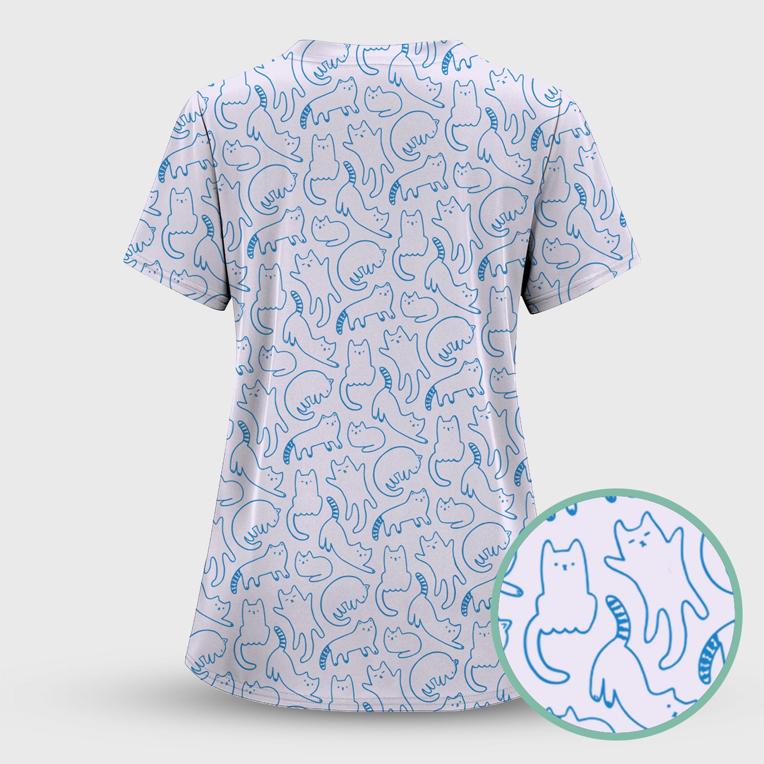 Artistic Cat Pattern Medical Scrub Top, Breathable Fabrics Nursing Uniform