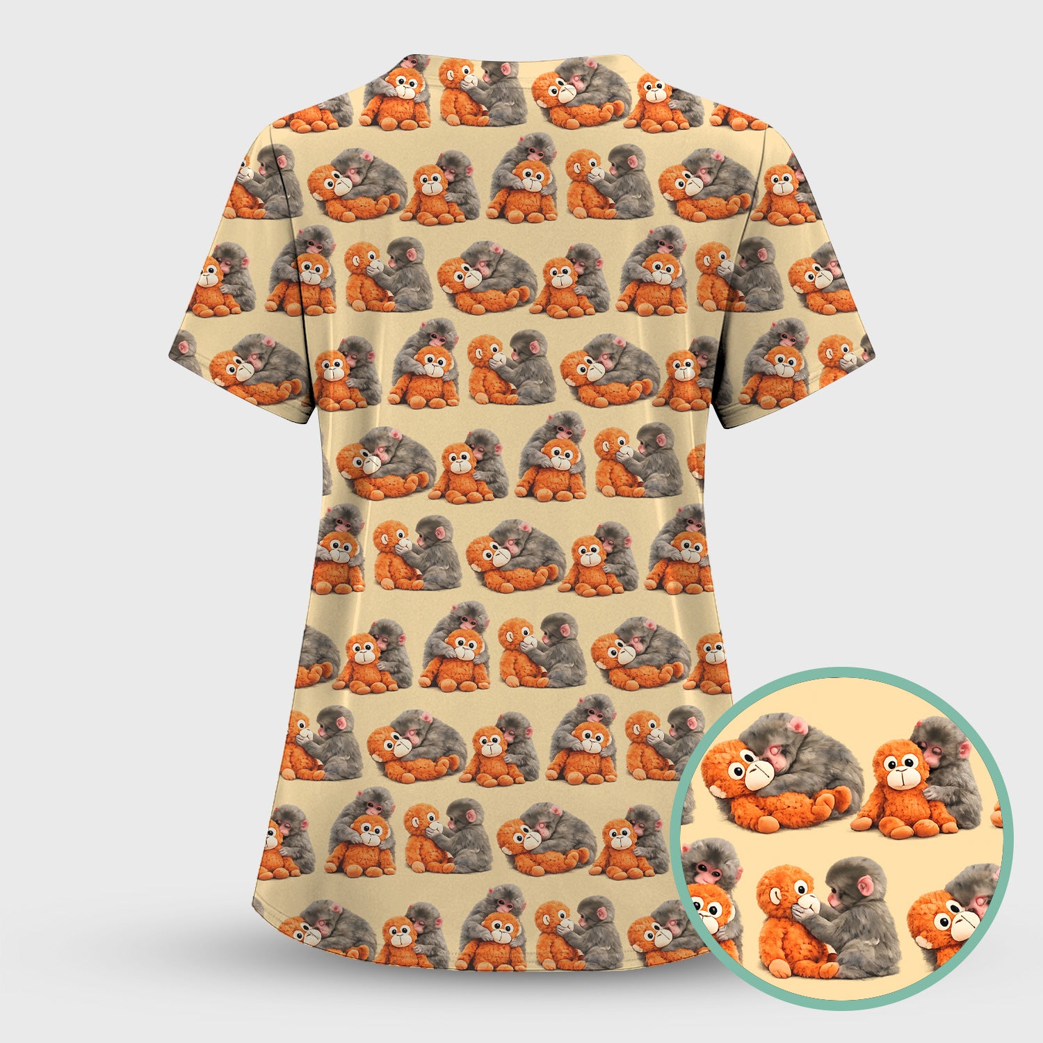 Cute Baby Monkey Plush Toy Animal Pattern Scrub Top, Breathable Medical Uniform Top