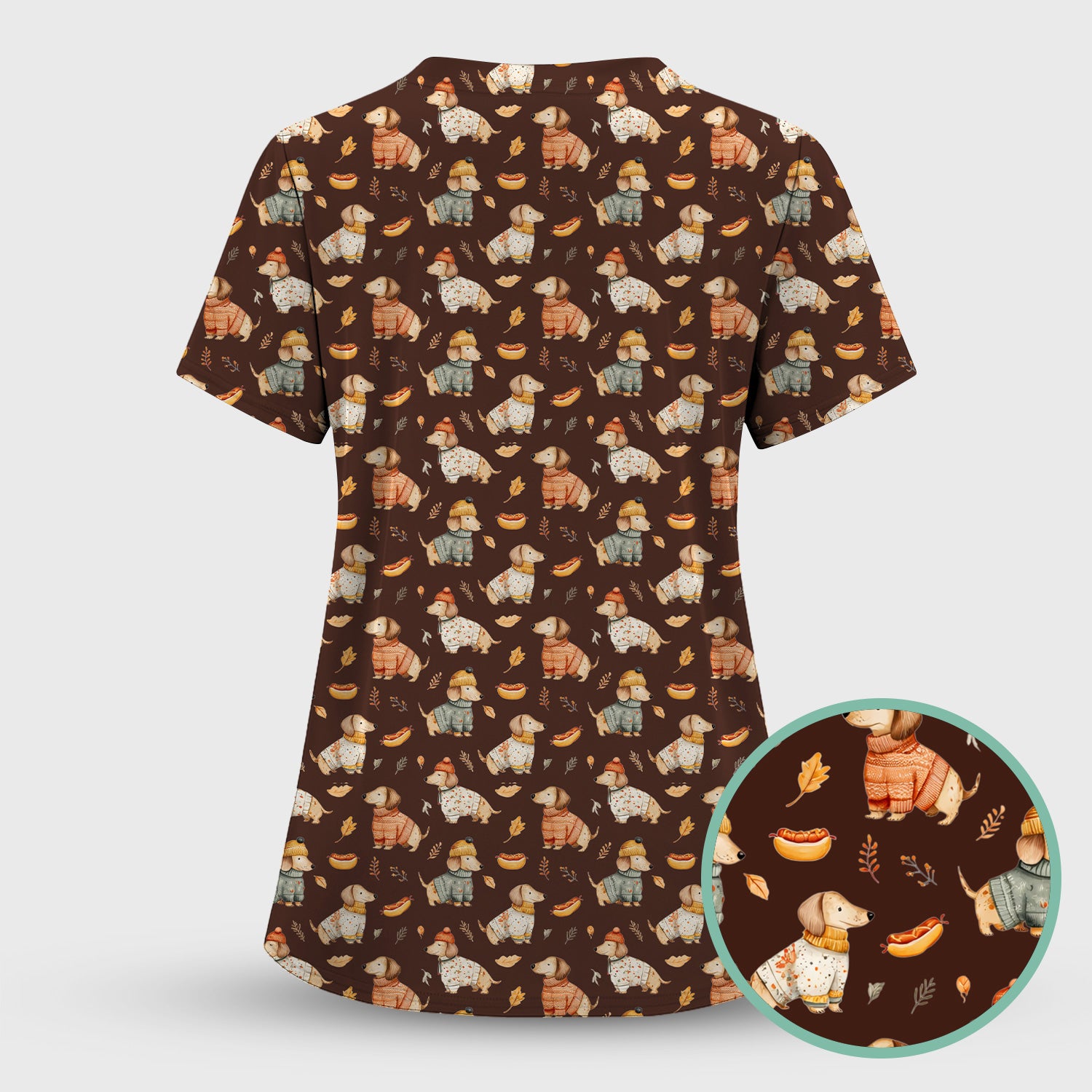 Autumn Dachshund Dog Sweater Print Scrub Top, Comfortable Scrubs for Nurses