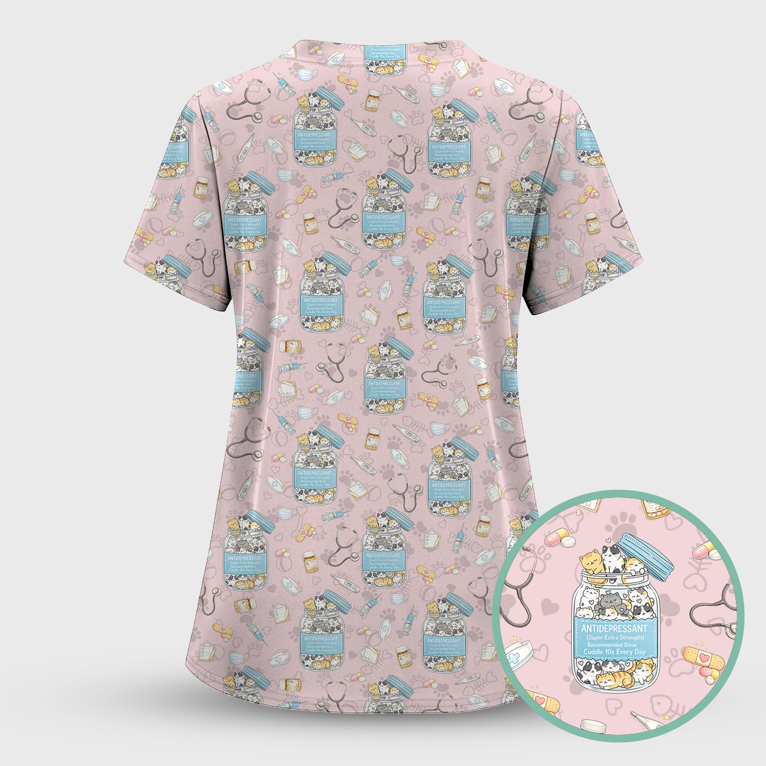 Cute Antidepressant Cat Jar Print Nurse Scrub Top, Breathable Fabrics Nursing Uniform