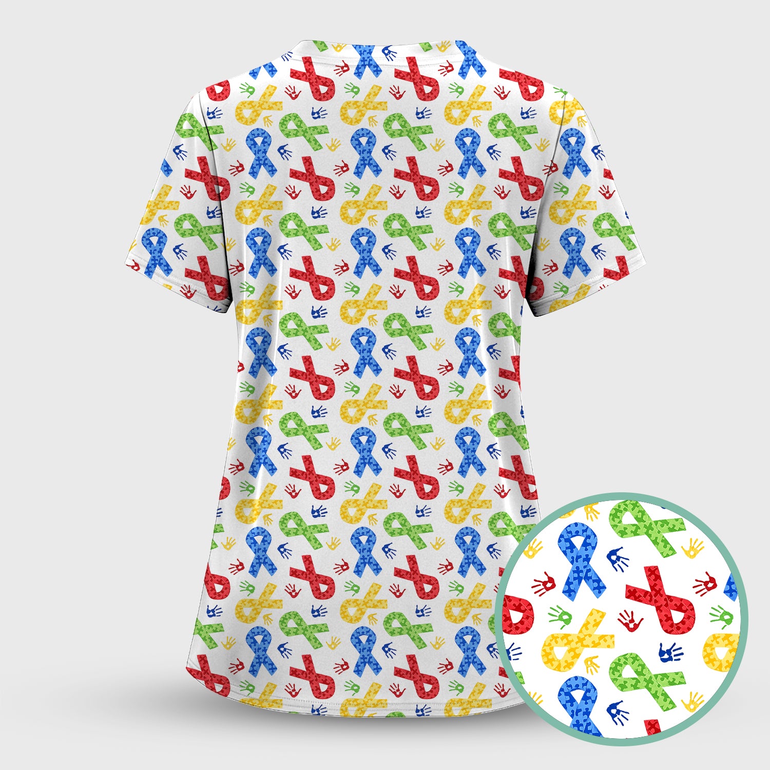 Multicolor Ribbon Pattern Print Scrub Top, Soft & Breathable Nurse Scrubs