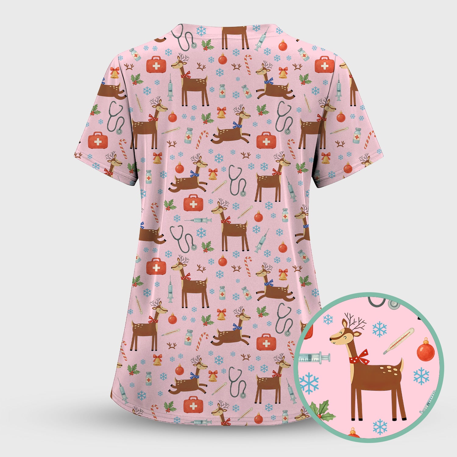 Reindeer Christmas Scrub Top - Snowflakes Candy Canes Holiday Medical Shirt - Xmas Scrubs for Women RN CNA LPN