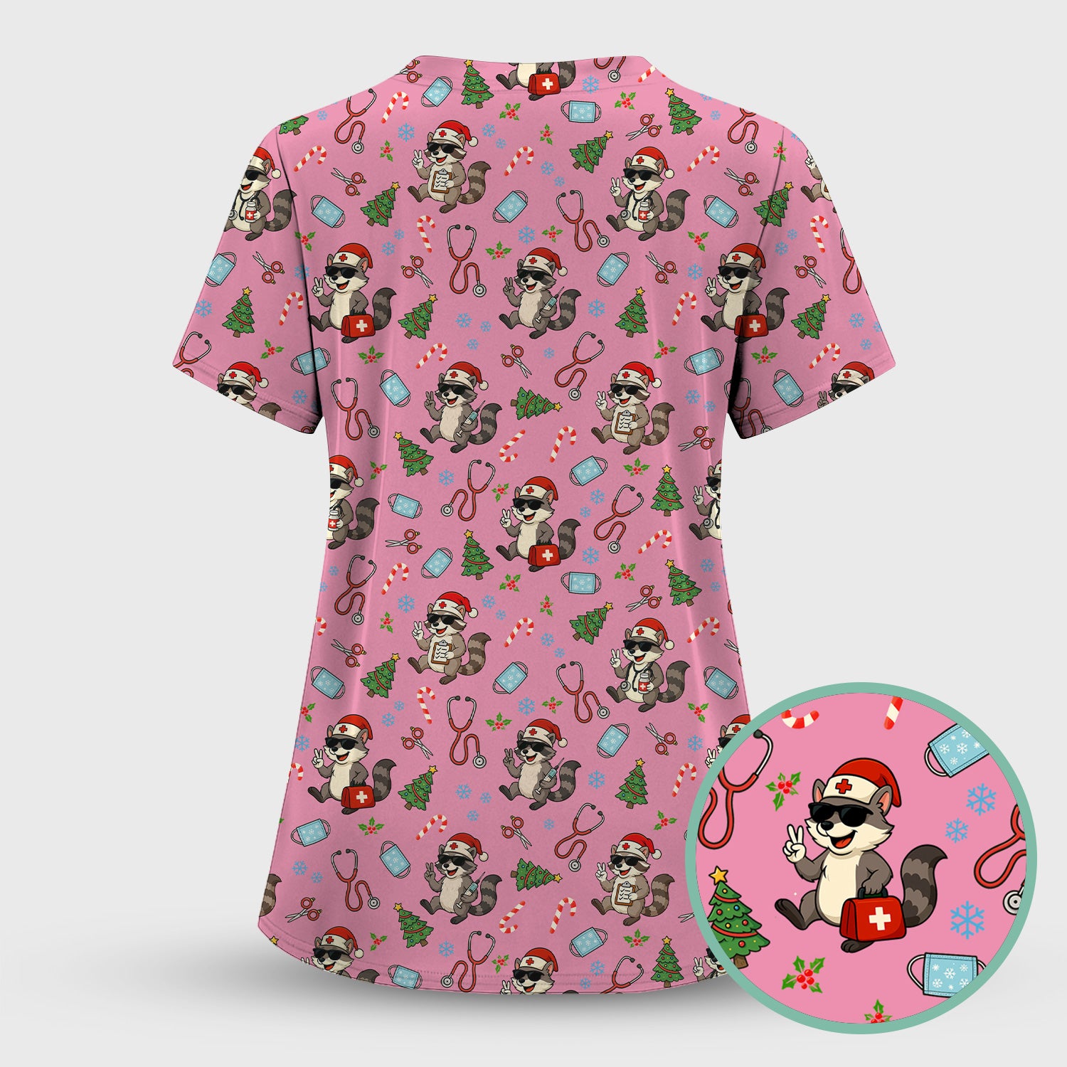 Funny Christmas Nurse Scrub Set - Raccoon Pattern with Santa Hat, Stethoscope and Tree - Cute Holiday Medical Scrubs Pants and Top Gift for RN CNA LPN