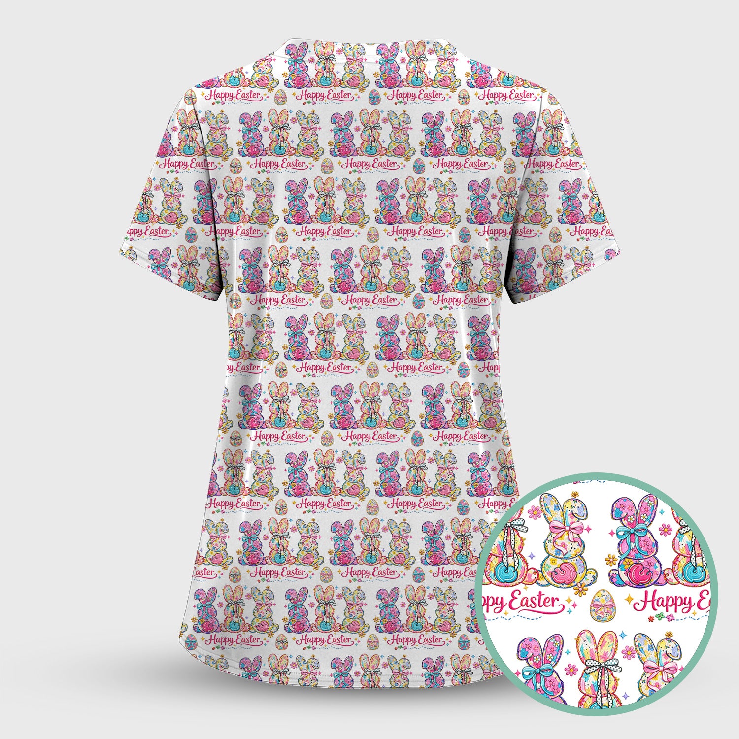 Pink Happy Easter Bunny Pattern Scrub Set, Scrub Pants and V Neck Top