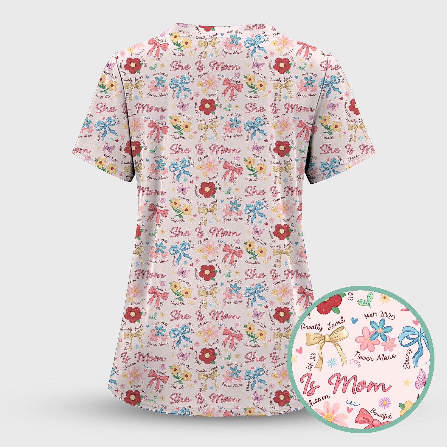 She Is Mom Floral Bow Pattern Scrub Top, Comfortable Scrubs for Nurses