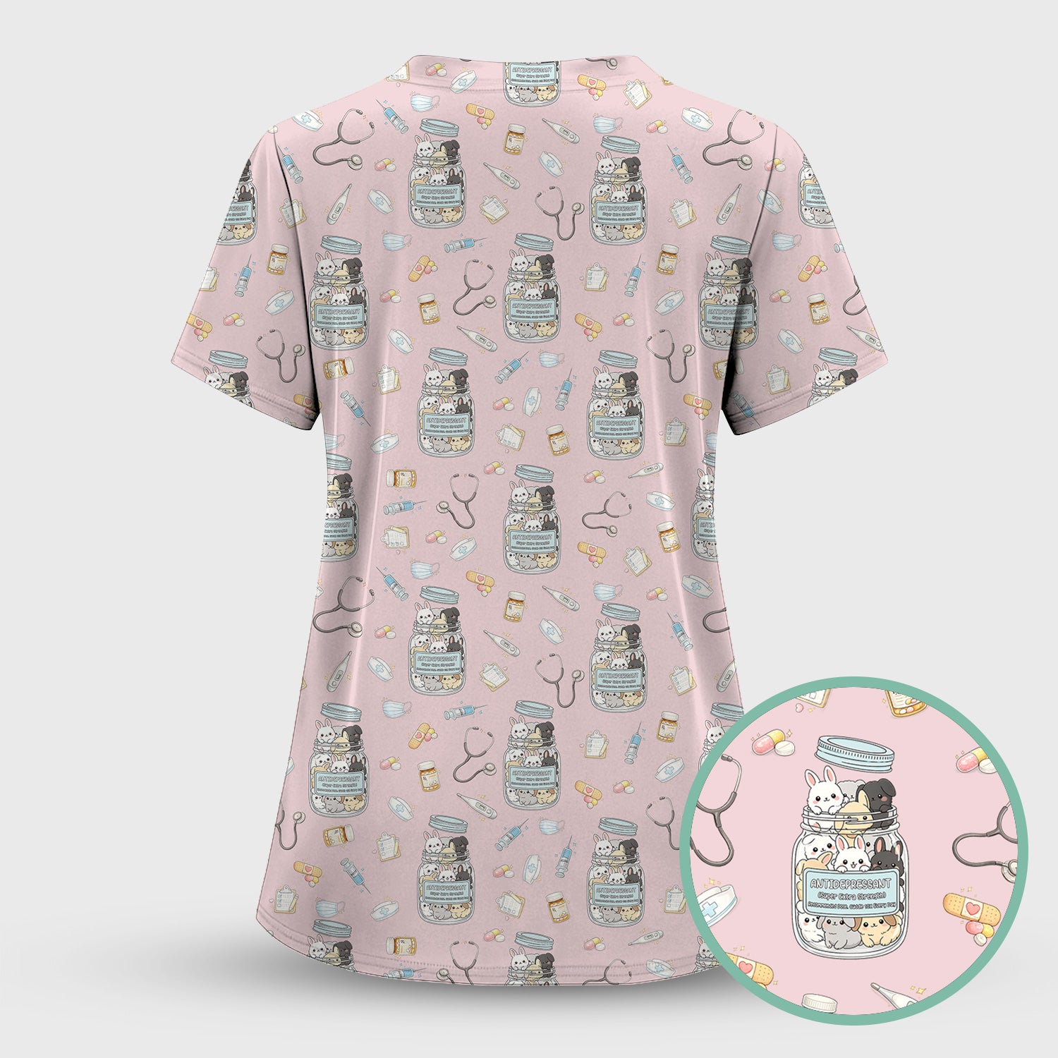Whimsical Antidepressant Rabbit Jar Design Nurse Scrub Top, Soft & Breathable Workwear