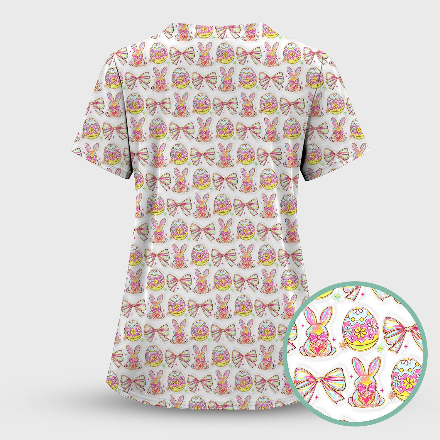 Easter Bunny Pastel Egg Bow Pattern Scrub Top, Breathable Fabrics Nursing Uniform