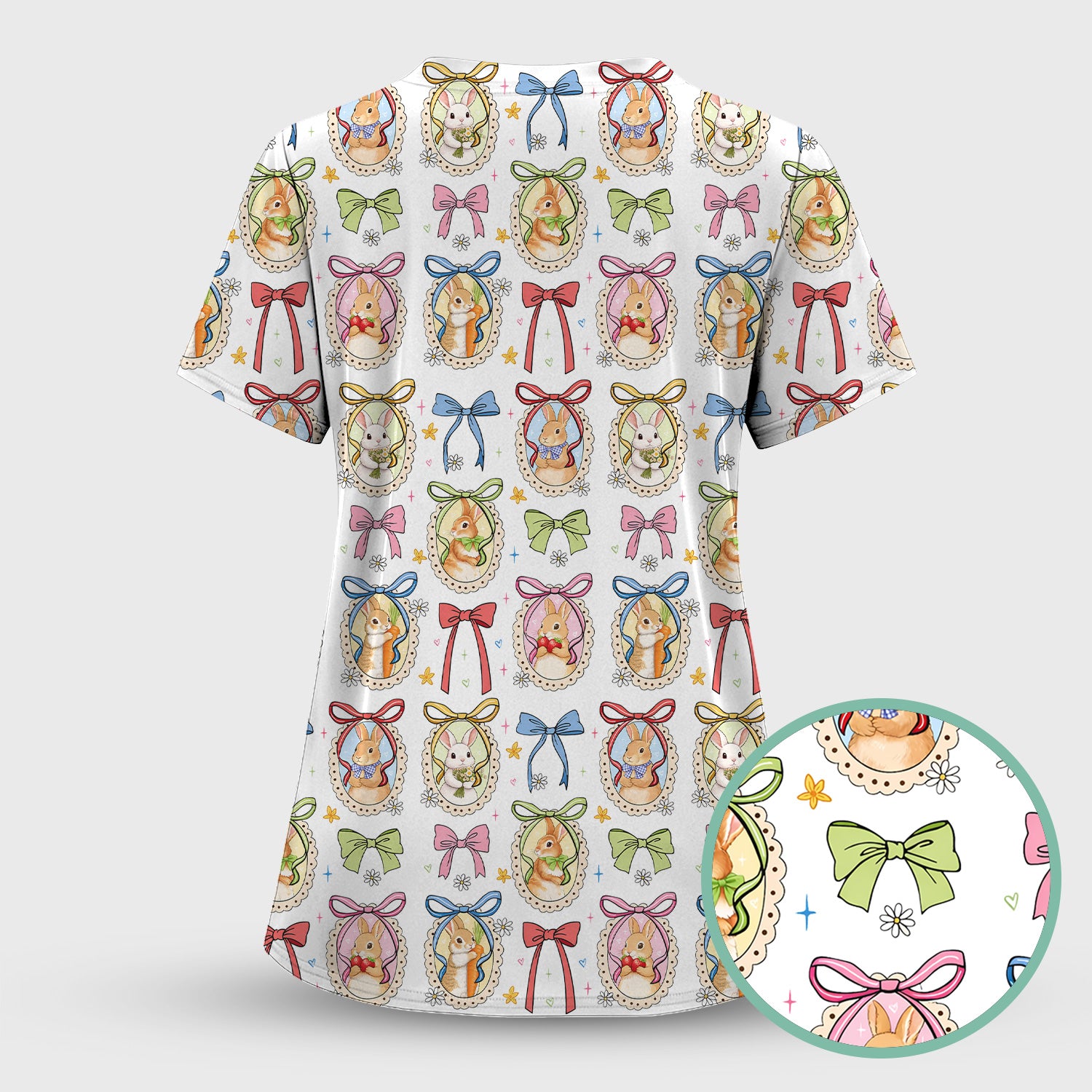 Cute Easter Bunny Cameo Colorful Bow Pattern Scrub Top, Breathable Fabrics Nursing Uniform