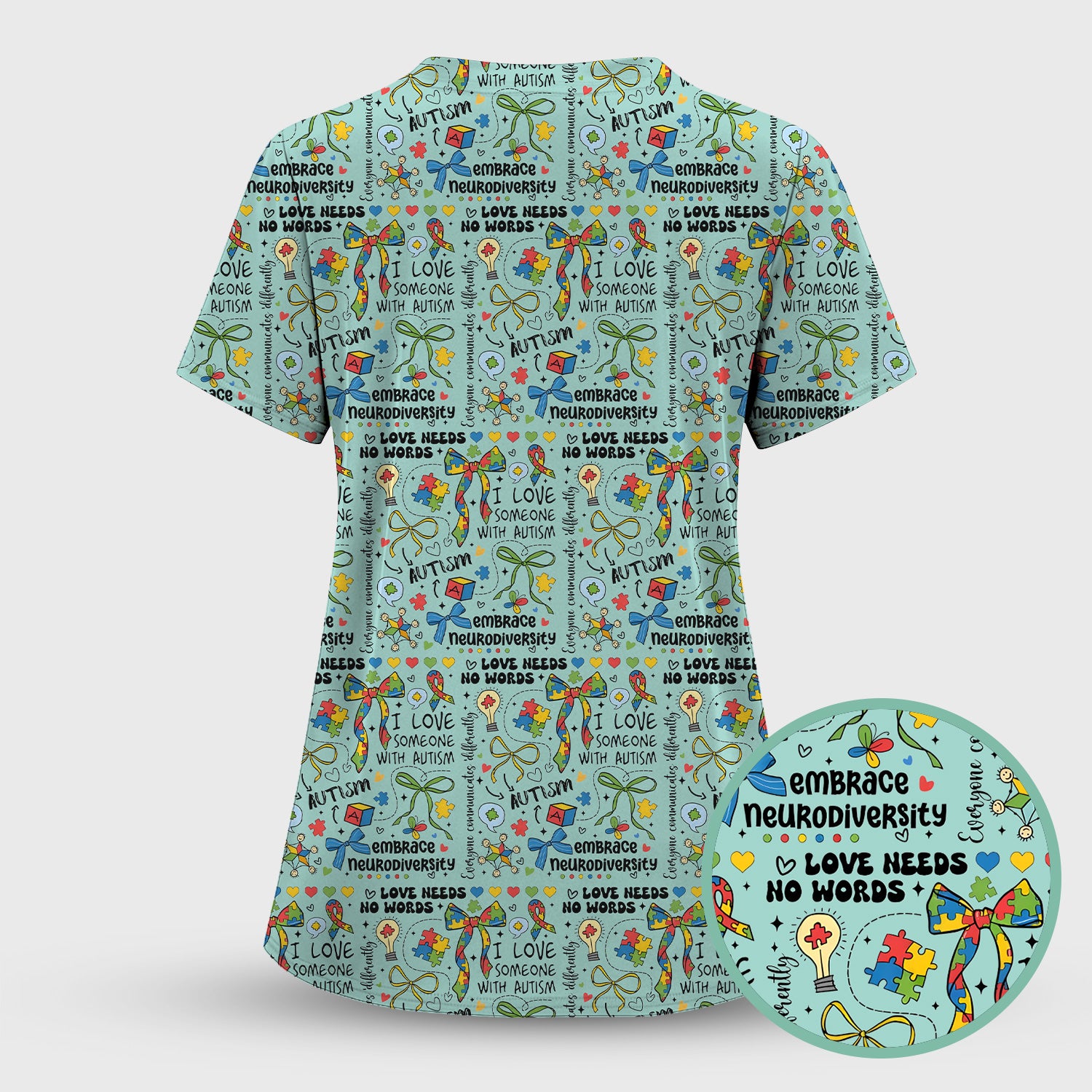 Autism Awareness Puzzle Ribbon Pattern Scrub Set, Scrub Pants and V Neck Top