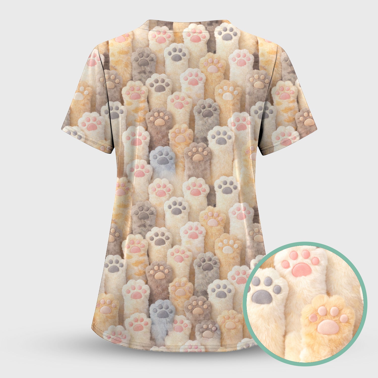 Cute Fluffy Cat Paw Pattern Scrub Top, Comfortable Scrubs for Nurses