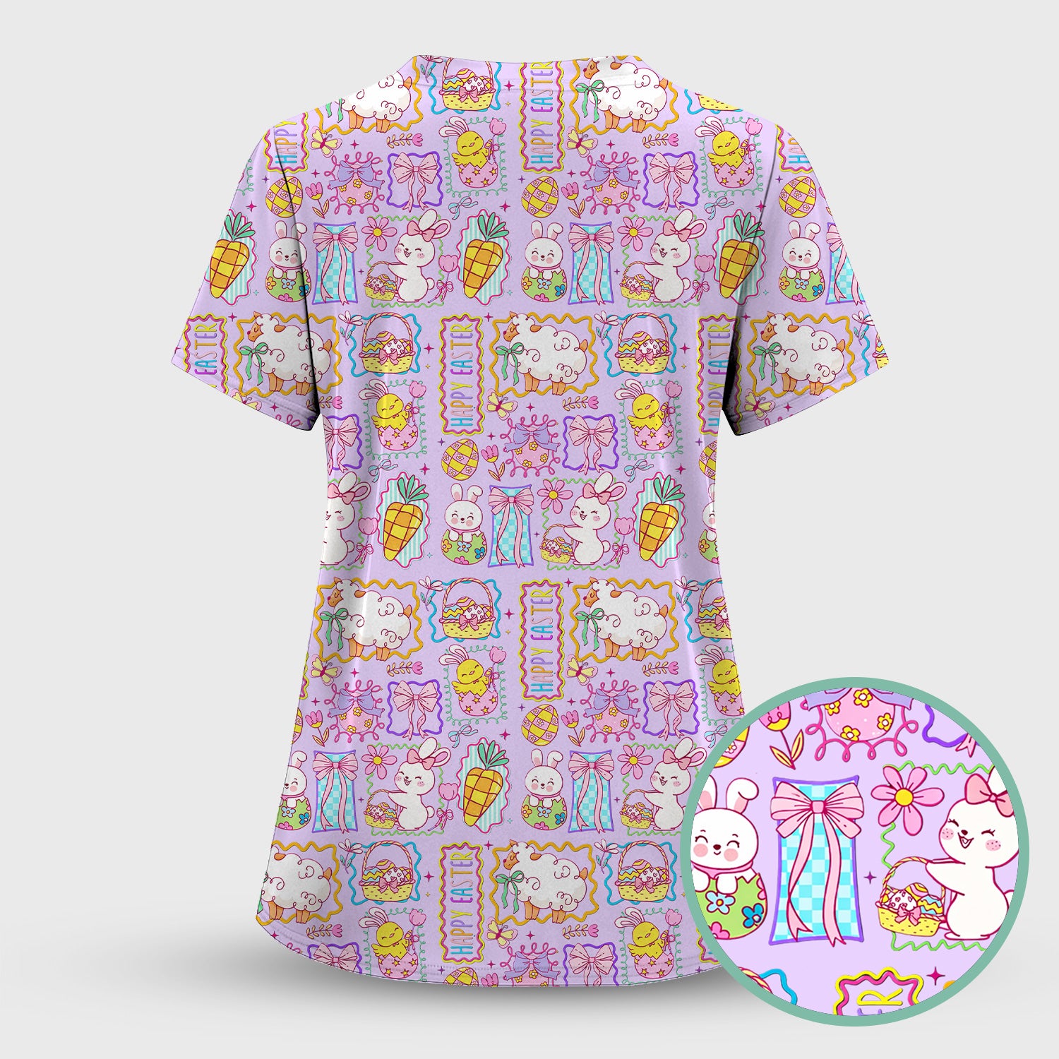 Cute Easter Bunny Egg and Bow Print Scrub Top, Breathable Fabrics Nursing Uniform