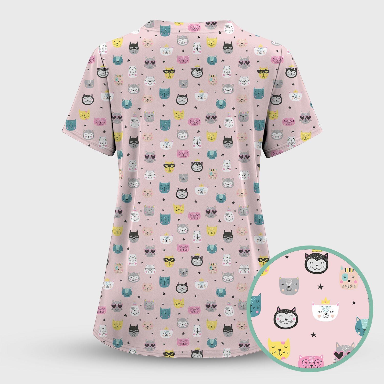 Cute Colorful Cat Pattern Scrub Top, Comfortable Scrubs for Nurses