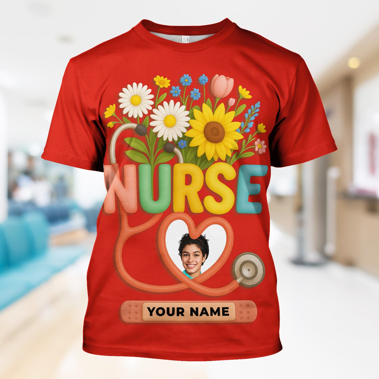 Nurse Appreciation Shirt for CNA RN LPN - Floral Heart Stethoscope Design - Custom Photo & Name Gift for Women Healthcare Workers - Multiple Shirt Colors Available