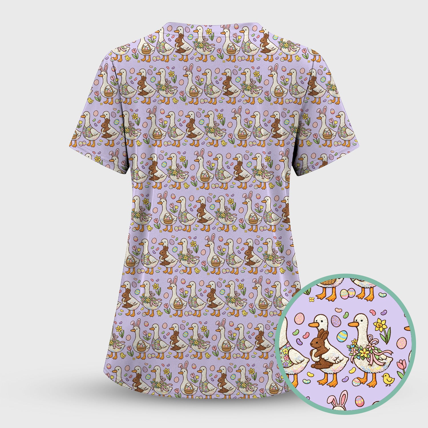 Easter Theme Duck and Bunny Egg Floral Print Scrub Top, Comfortable Scrubs for Nurses