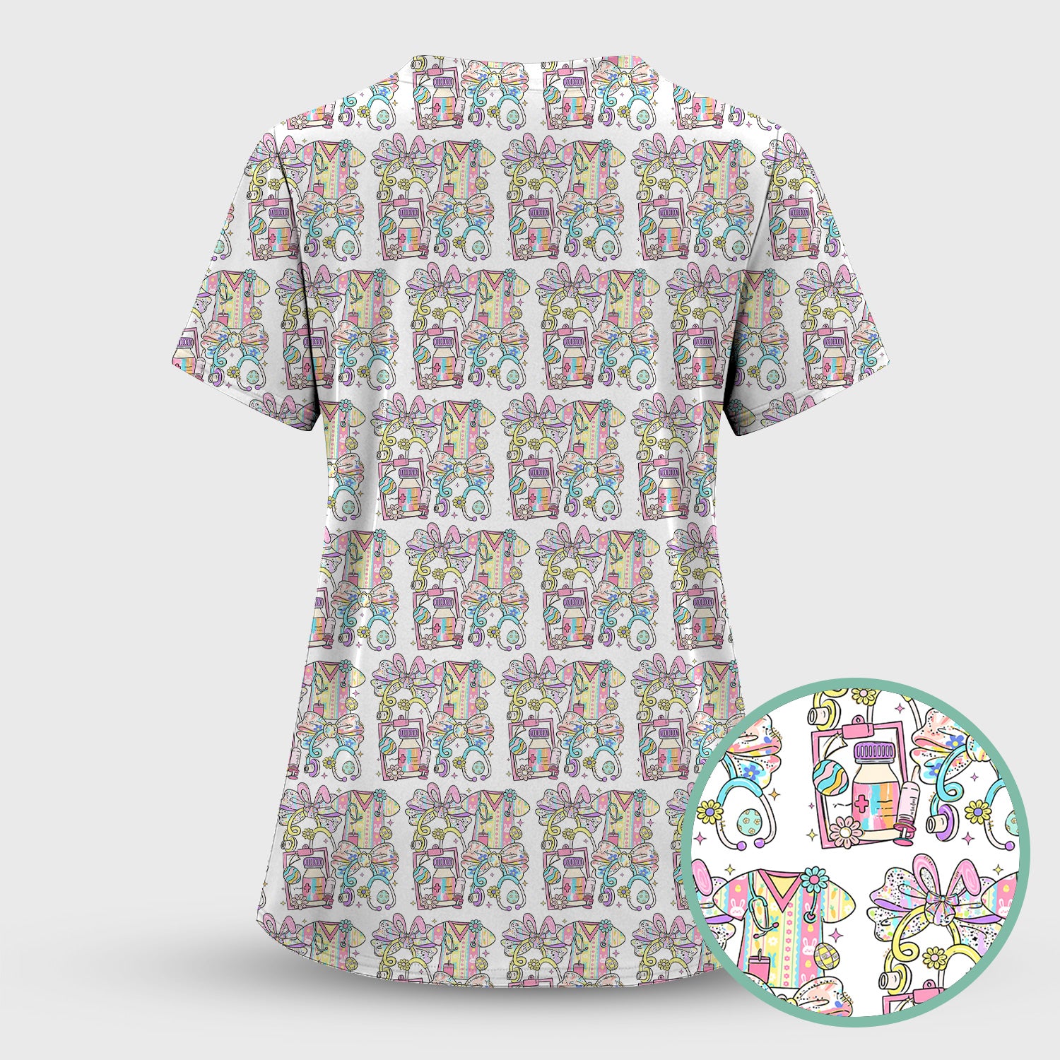 Colorful Nurse Scrub Supplies Pattern Scrub Top, Breathable Fabrics Nursing Uniform