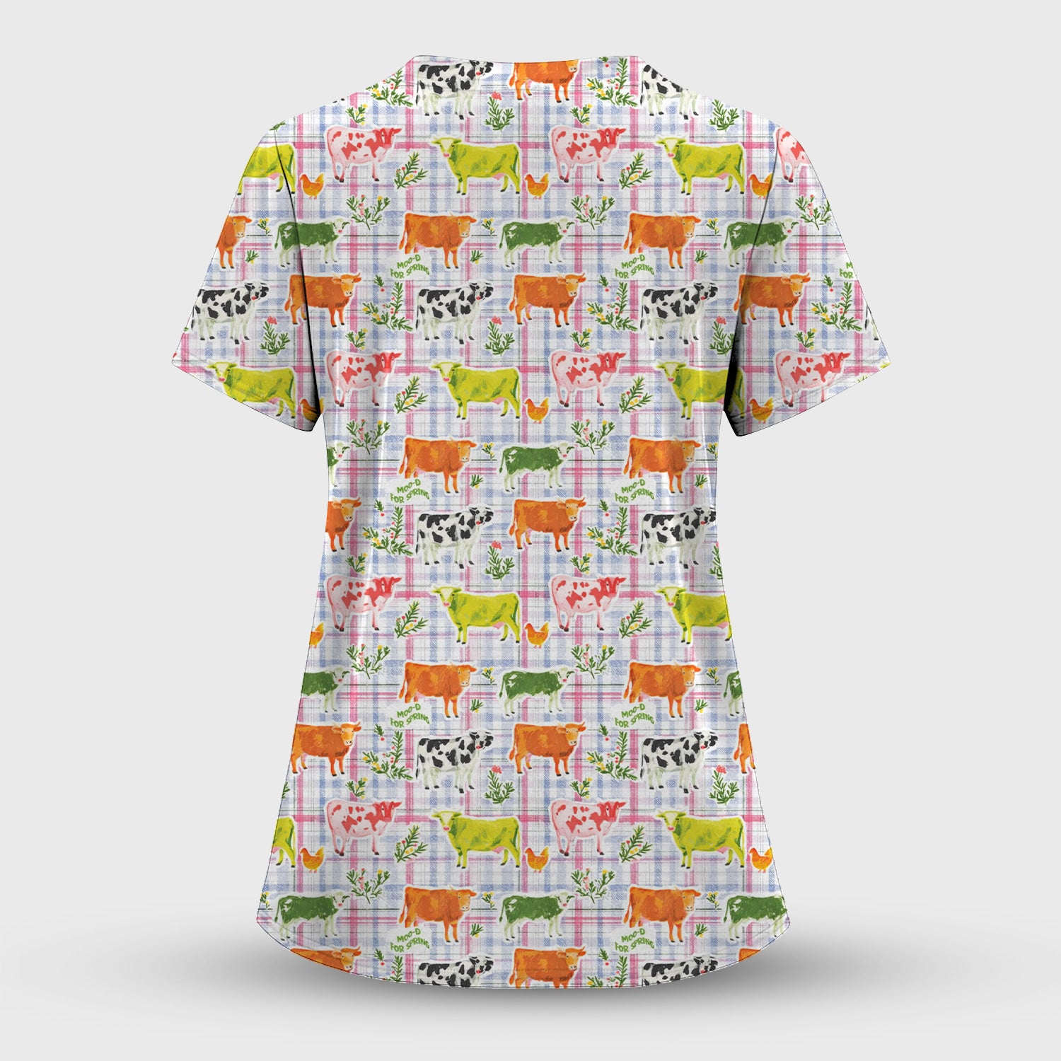 Colorful Farm Cow Plaid Print Scrub Top, Cute Country Scrubs for Nurses