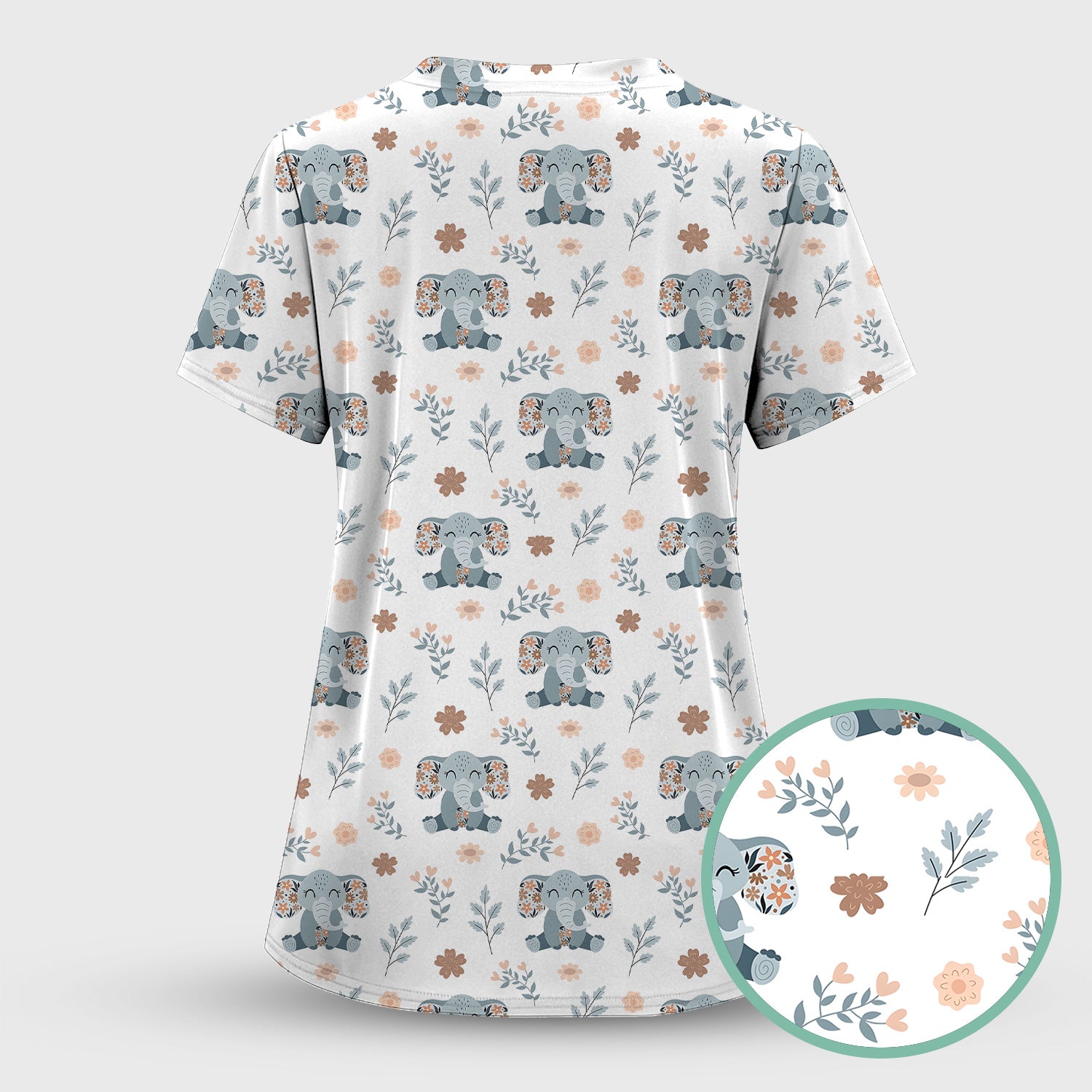Cute Elephant Floral Print Scrub Top, Comfortable Scrubs for Nurses