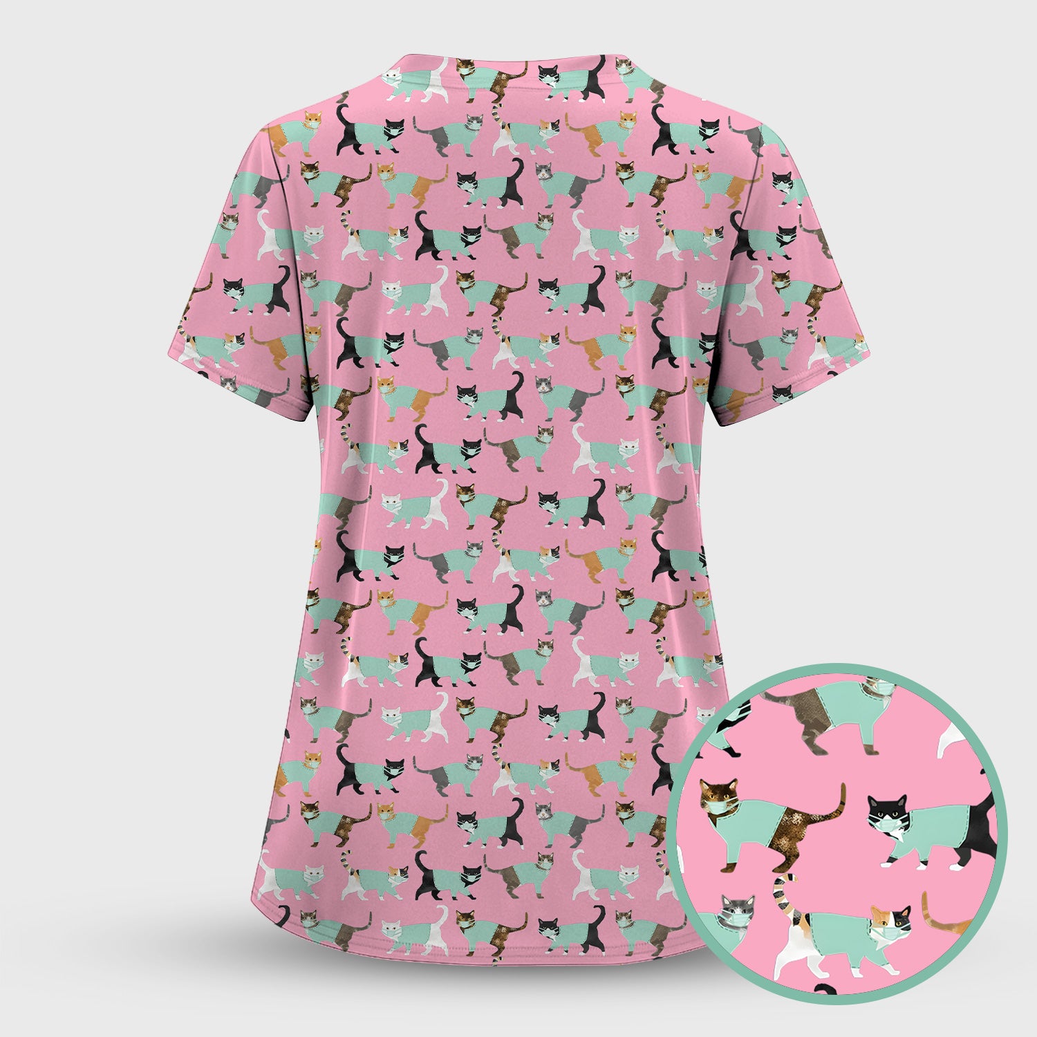 Playful Cat Nurse All Over Print Scrub Set, Scrub Pants and V Neck Top