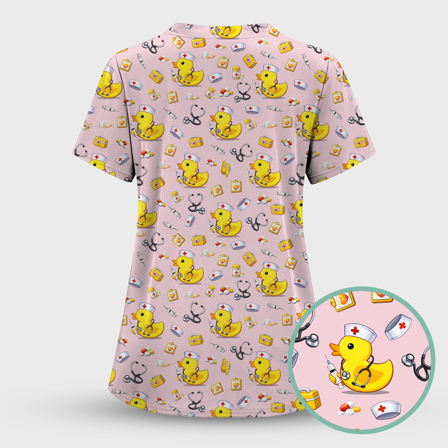 Playful Medical Duck Print Nurse Scrub Top, Comfortable Scrubs for Nurses
