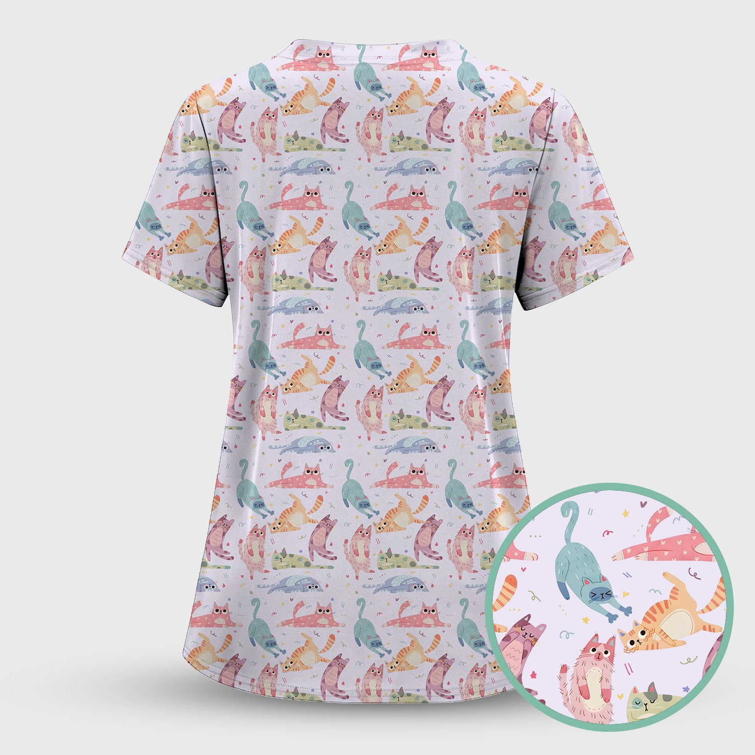 Funny Pastel Cat Pattern Medical Scrub Top, Breathable Fabrics Nursing Uniform