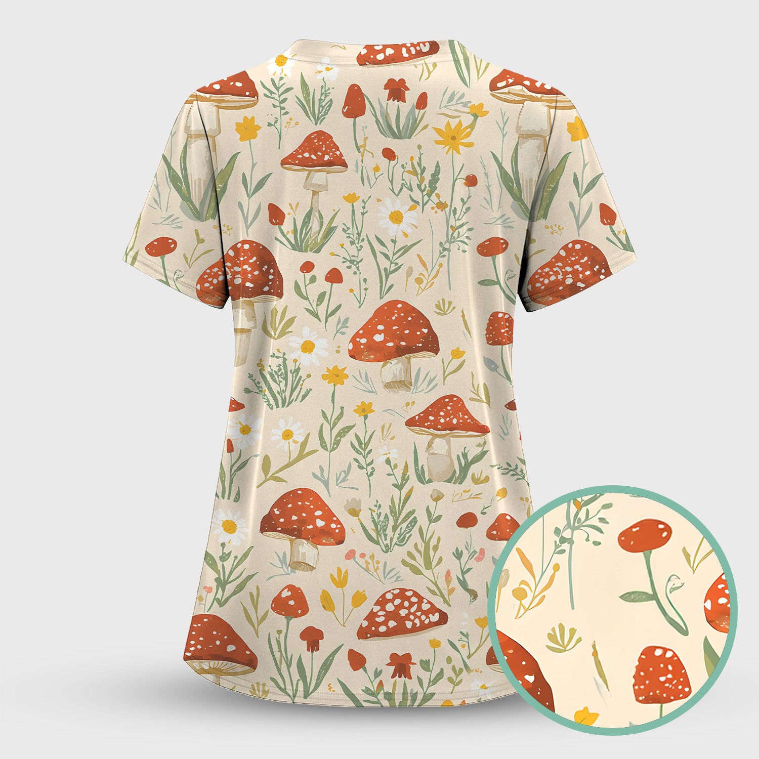 Cute Mushroom Wildflower Pattern Scrub Top, Breathable Fabrics Nursing Uniform