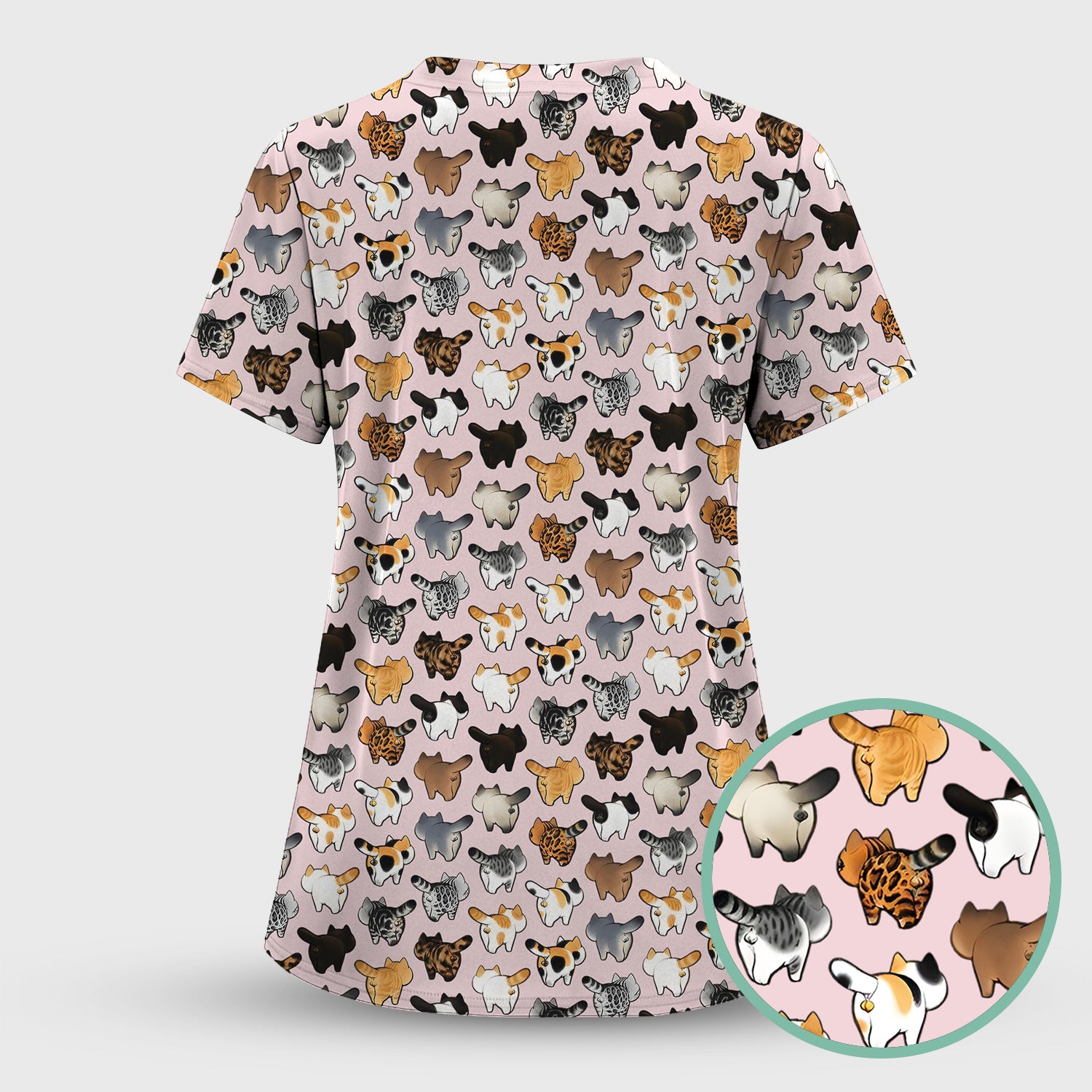 Cat Butt Pattern Medical Scrub Top, Breathable Fabrics Nursing Uniform