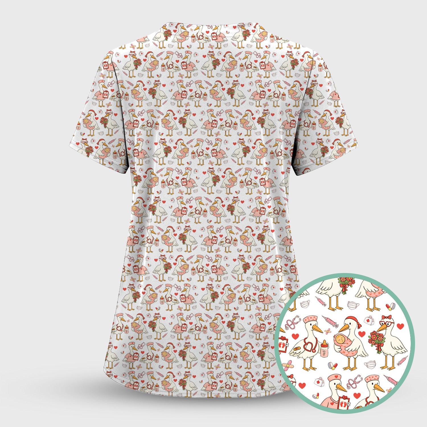 Cute Goose Nurse Valentine Print Scrub Set, Breathable Med Uniform