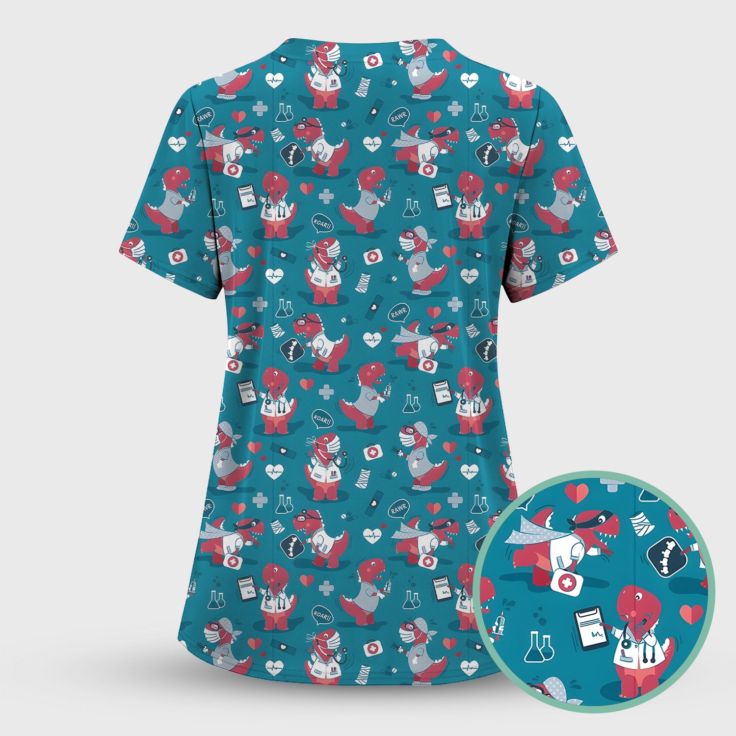 Cute Dinosaur Doctor Medical Pattern Scrub Top, Breathable Fabrics Nursing Uniform