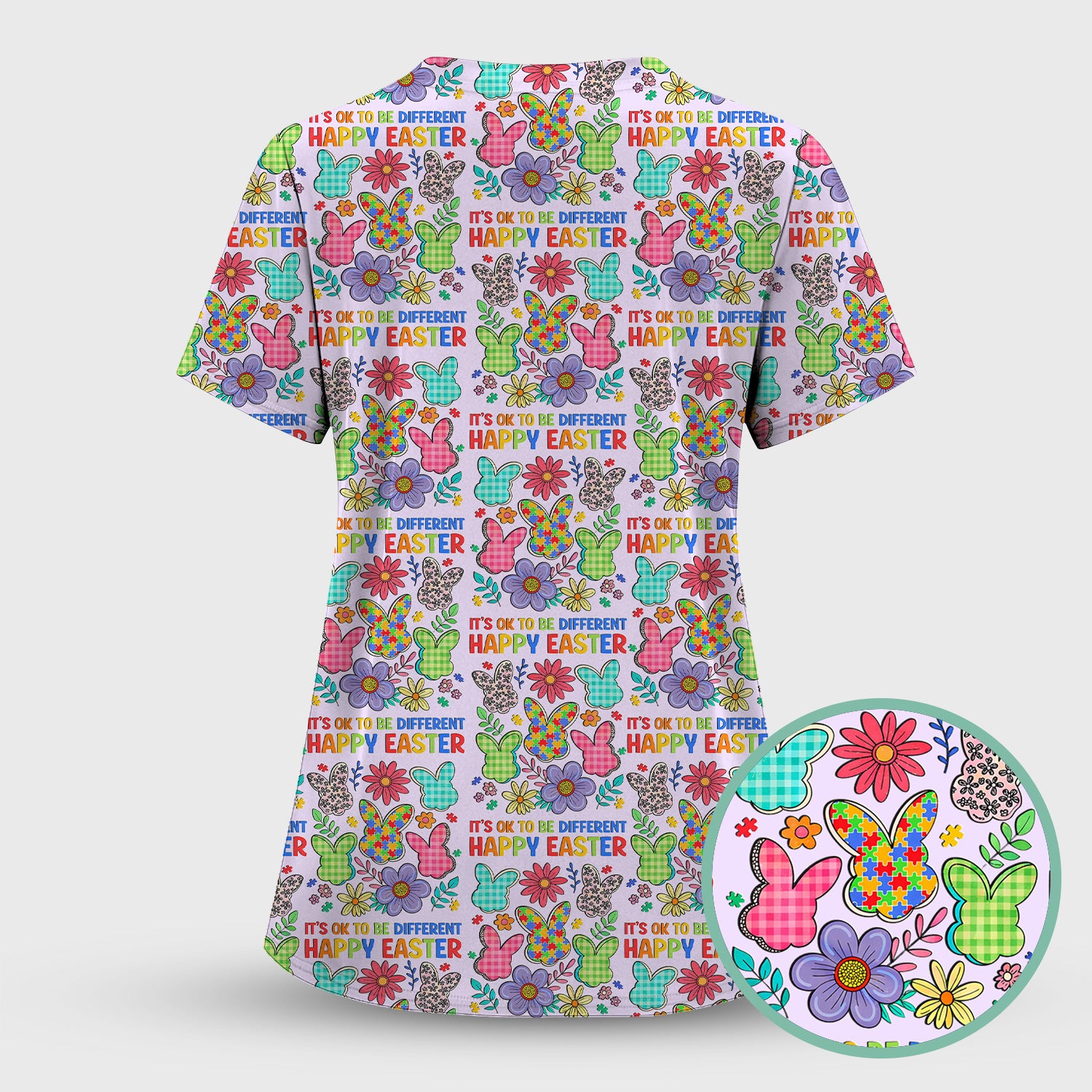 Happy Easter Bunny Floral Print Scrub Top, Breathable Fabrics Nursing Uniform