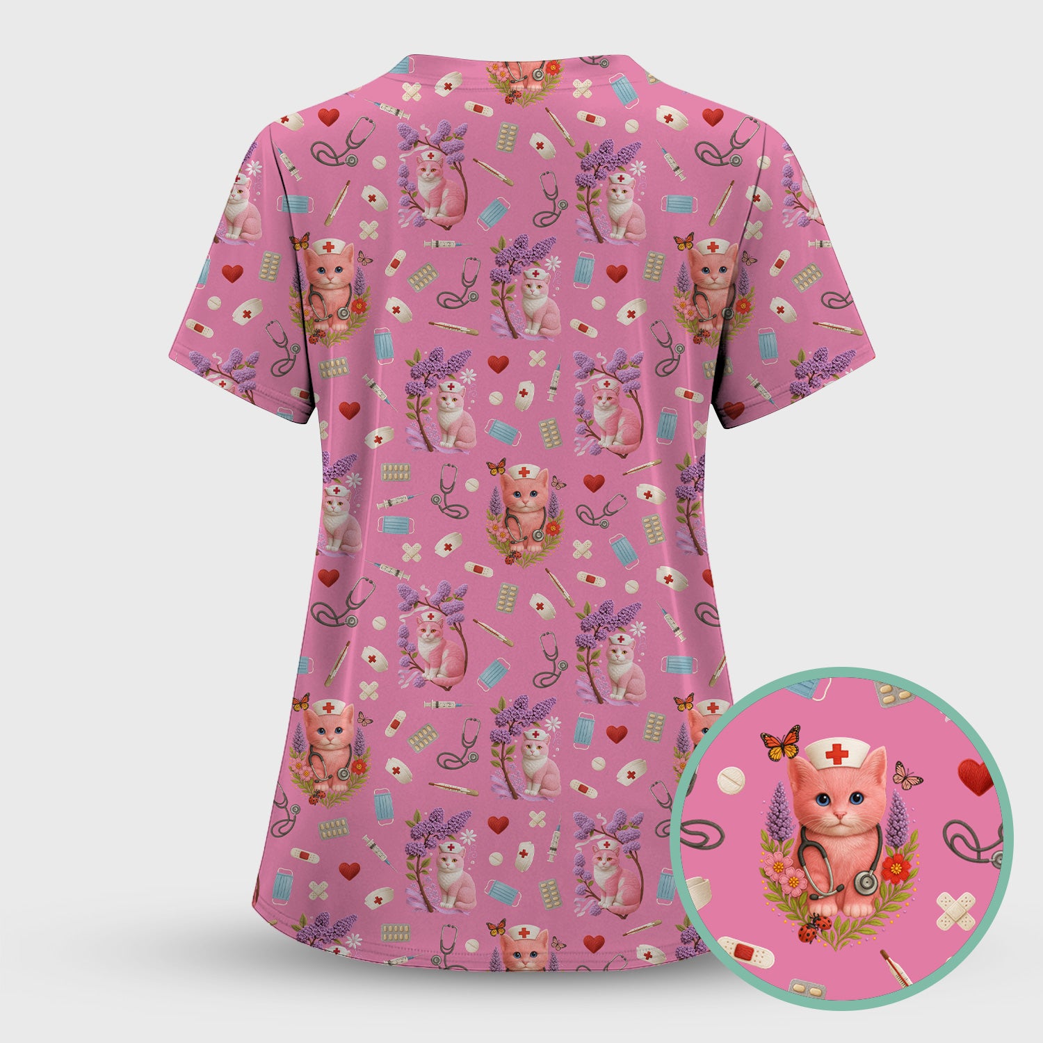Cute Cat Pattern Nurse Scrub Set - Pink Medical Scrubs for Women - Adorable Kitty Print Gift for RN LPN CNA Healthcare Staff