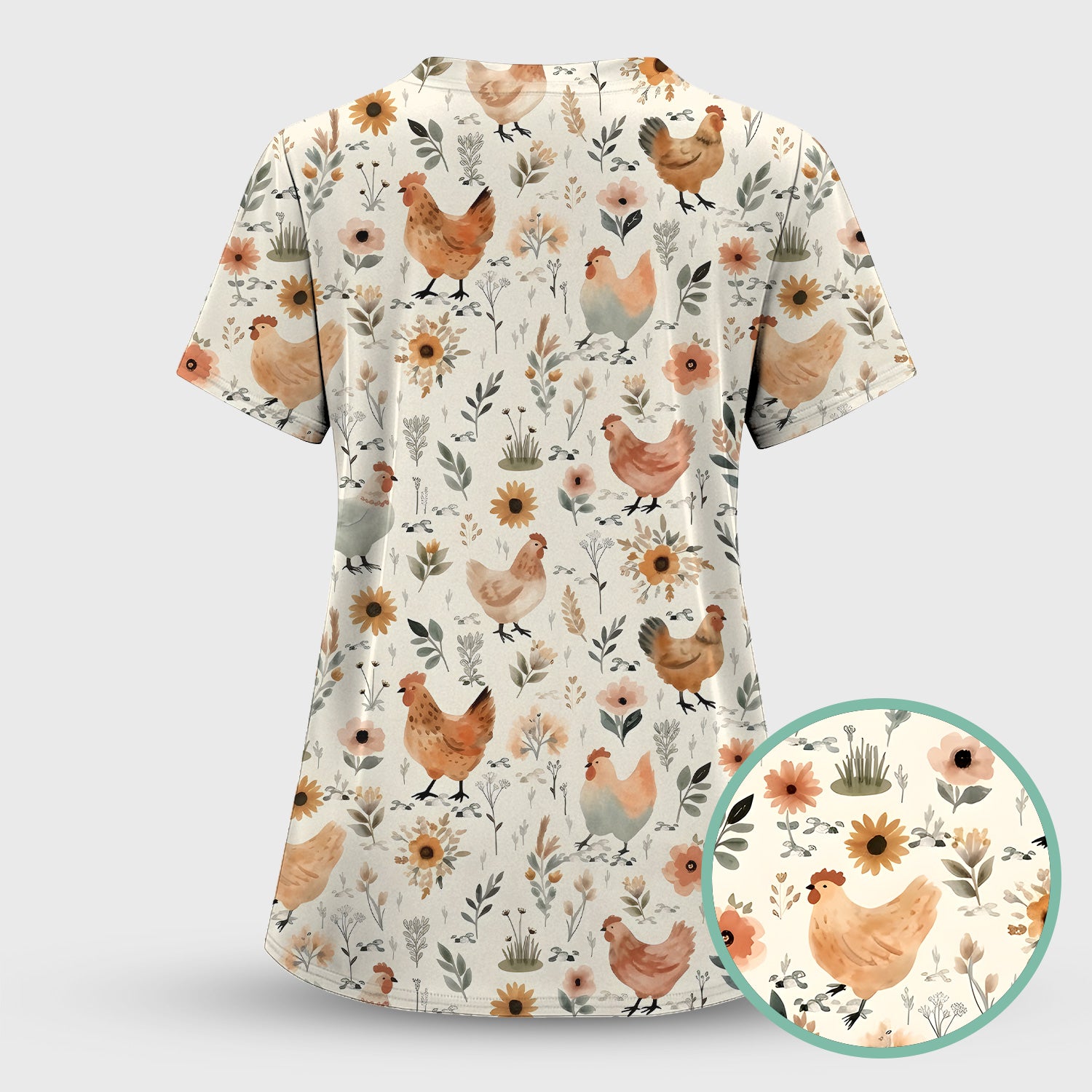 Charming Chicken Floral Farm Pattern Scrub Set, Scrub Pants and V Neck Top