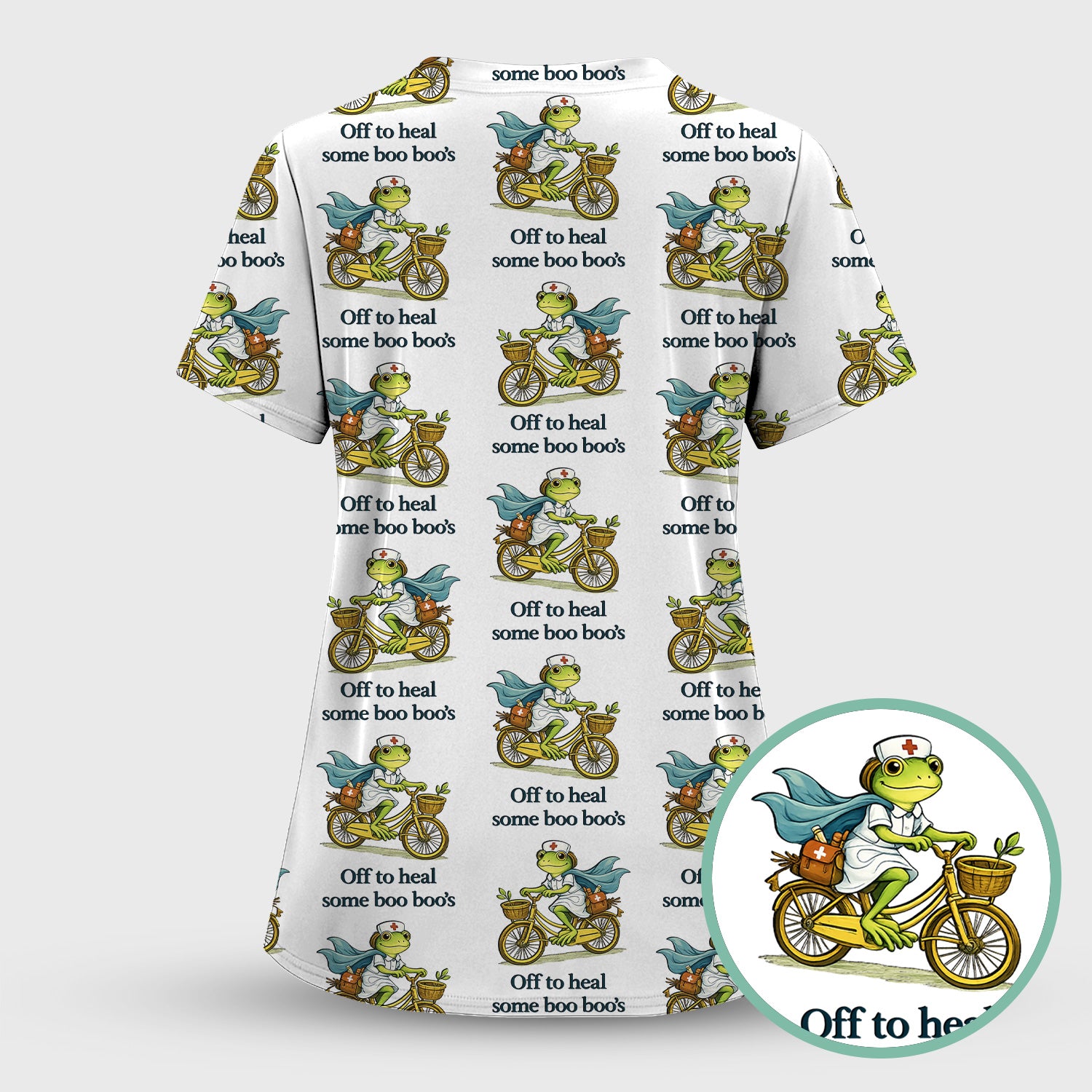 Funny Frog Nurse Cycling Pattern Scrub Top, Comfortable Scrubs for Nurses