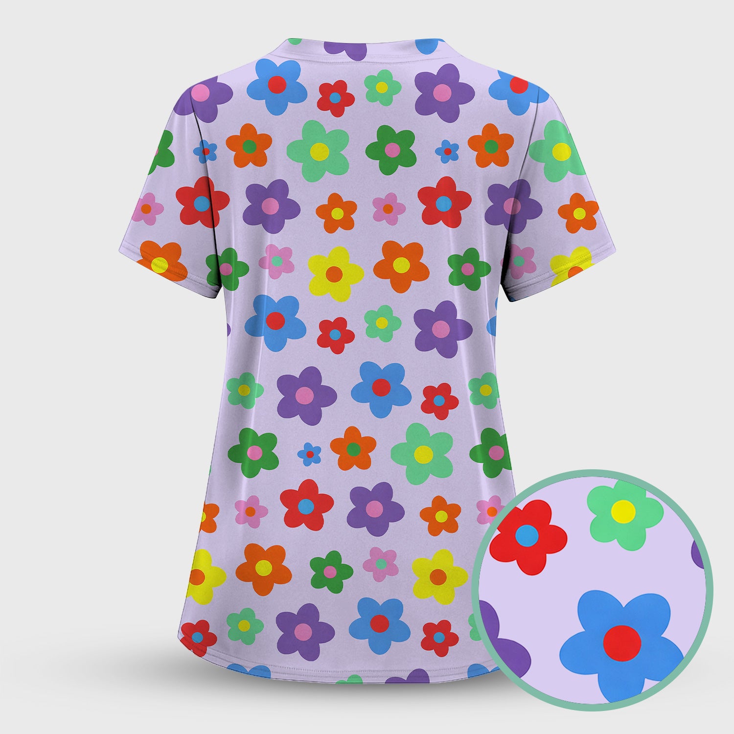 Colorful Retro Flower Pattern Print Scrub Top, Breathable Fabrics Nursing Uniform