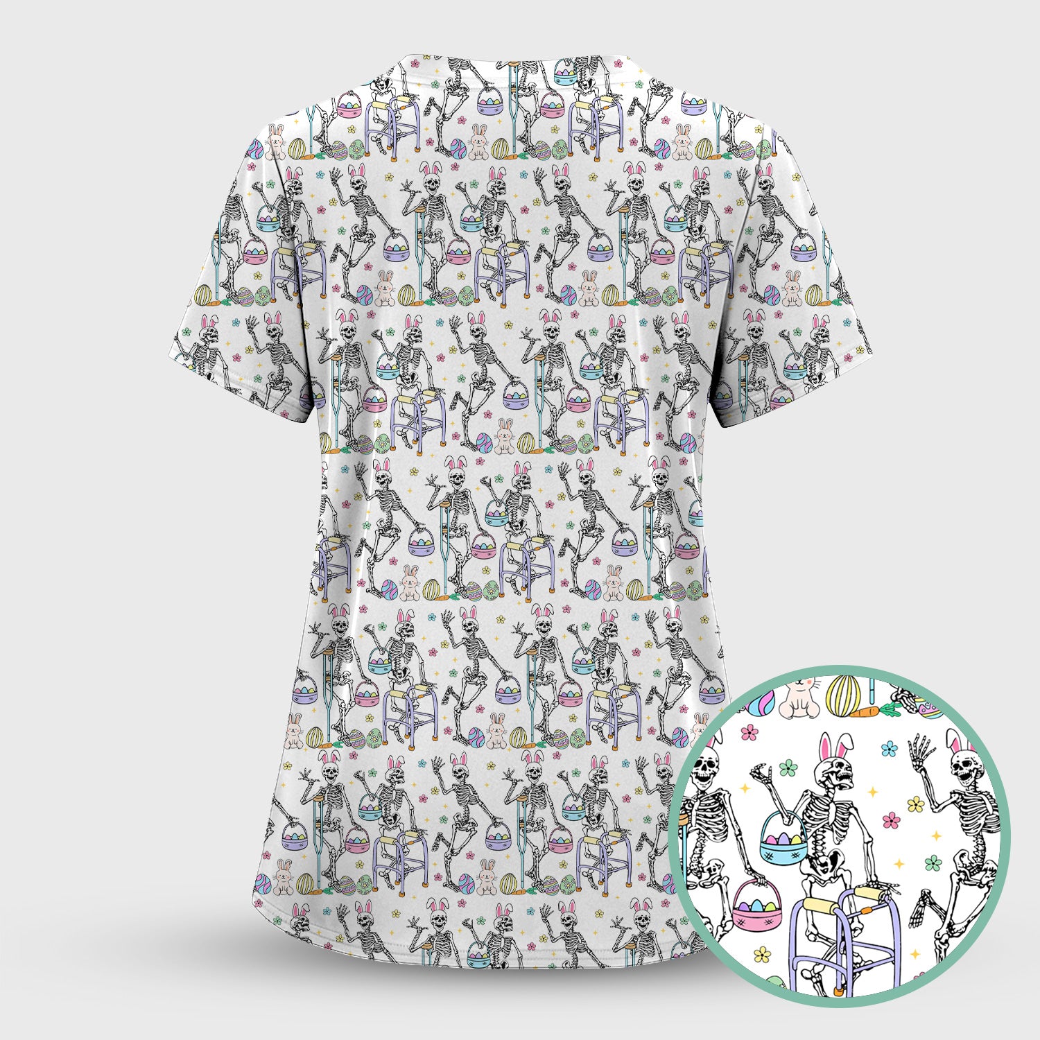 Fun Skeleton Bunny Easter Print Scrub Top, Comfortable Scrubs for Nurses