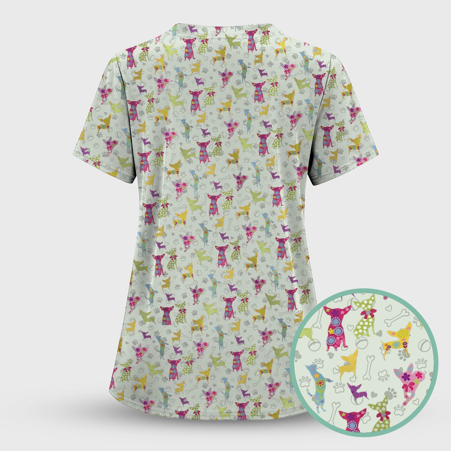 Colorful Playful Dog Print Nurse Scrub Top, Comfortable Scrubs for Nurses