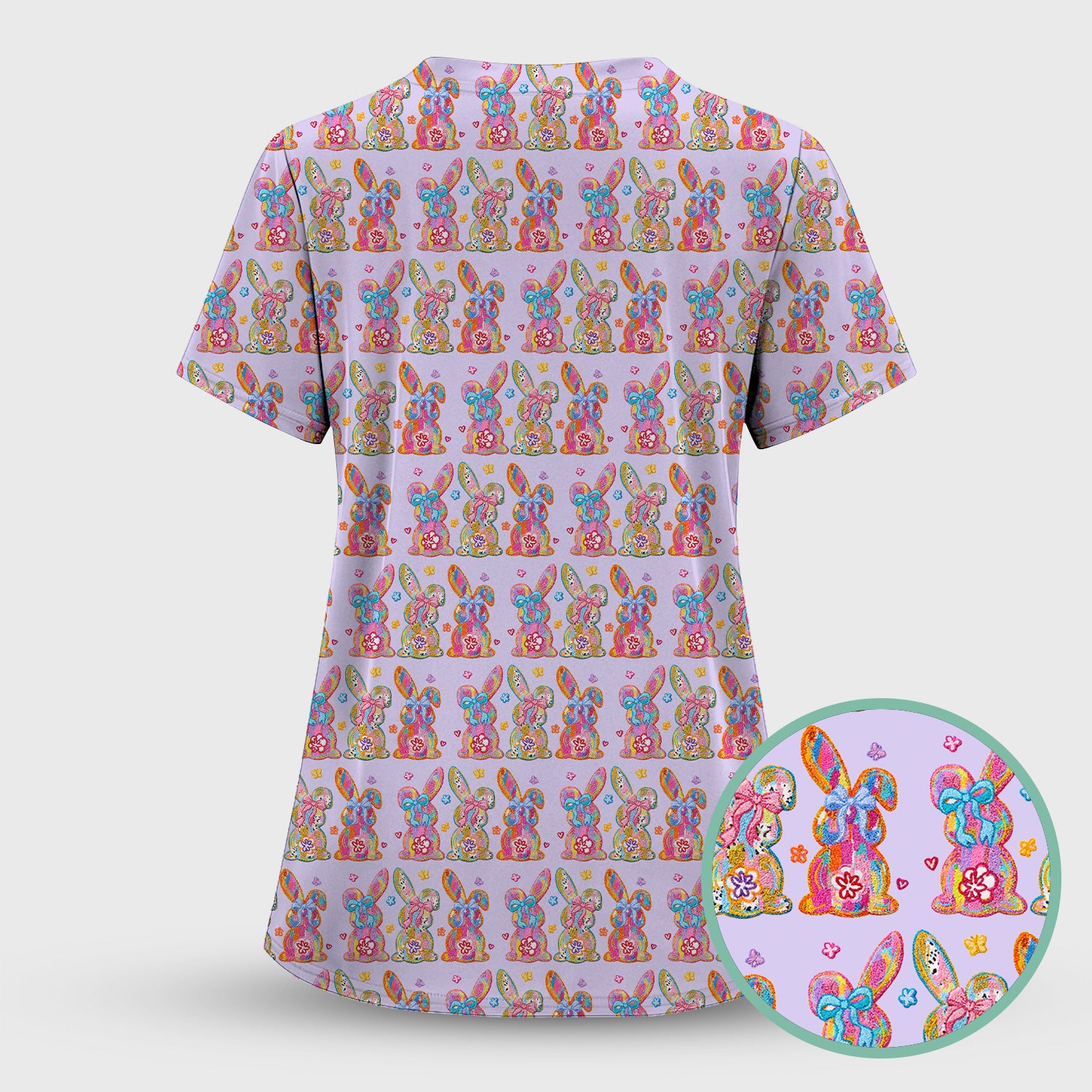 Cute Pastel Bunny Floral Pattern Scrub Top, Comfortable Scrubs for Nurses, Easter