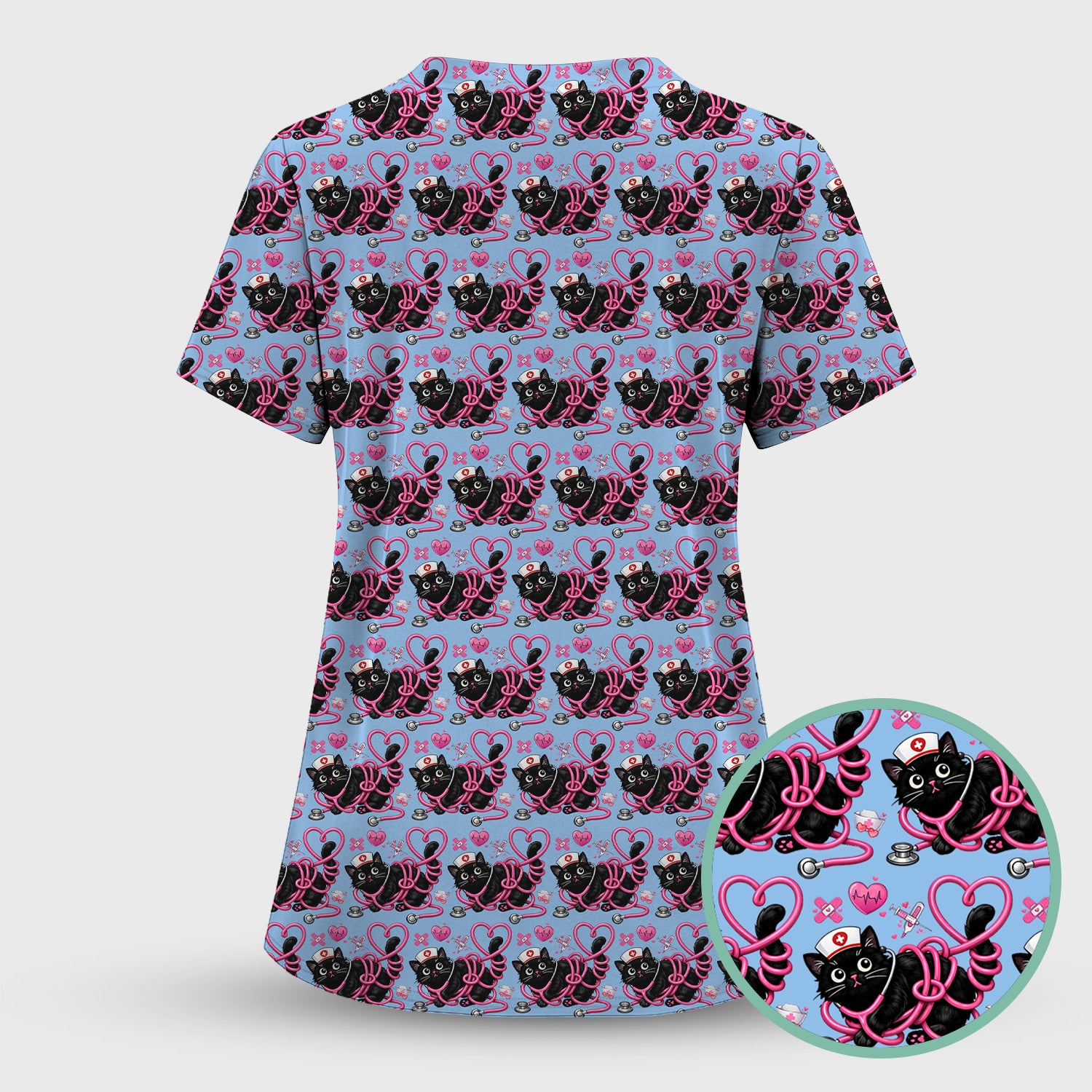 Valentine Cute Cat Nurse Heart Print Scrub Top, Comfortable Scrubs for Nurses