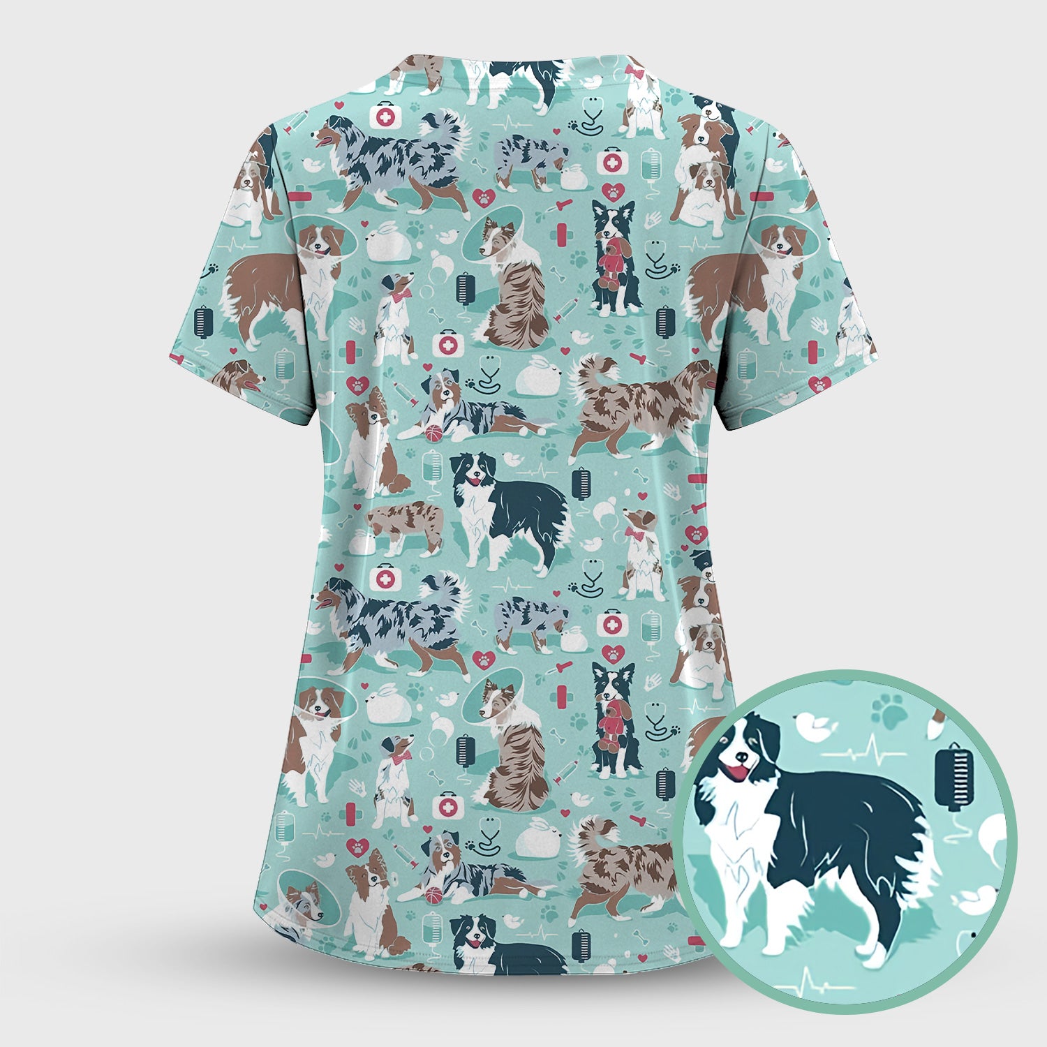 Cute Dog Pattern Veterinary Scrub Top, Breathable Fabrics Nursing Uniform