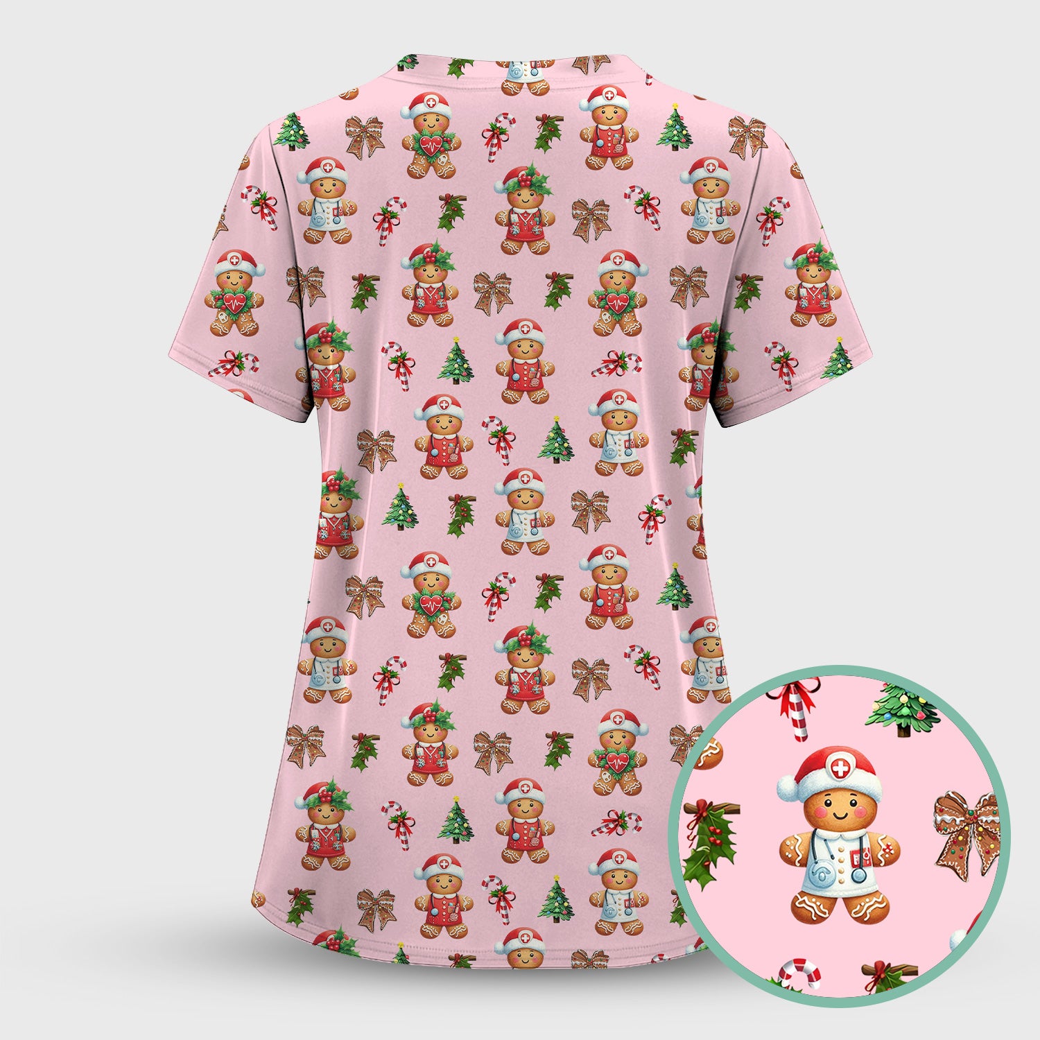 Funny Gingerbread Christmas Scrub Top - Cute Cookie with Bow Shirt - Festive Holiday Scrubs for Women