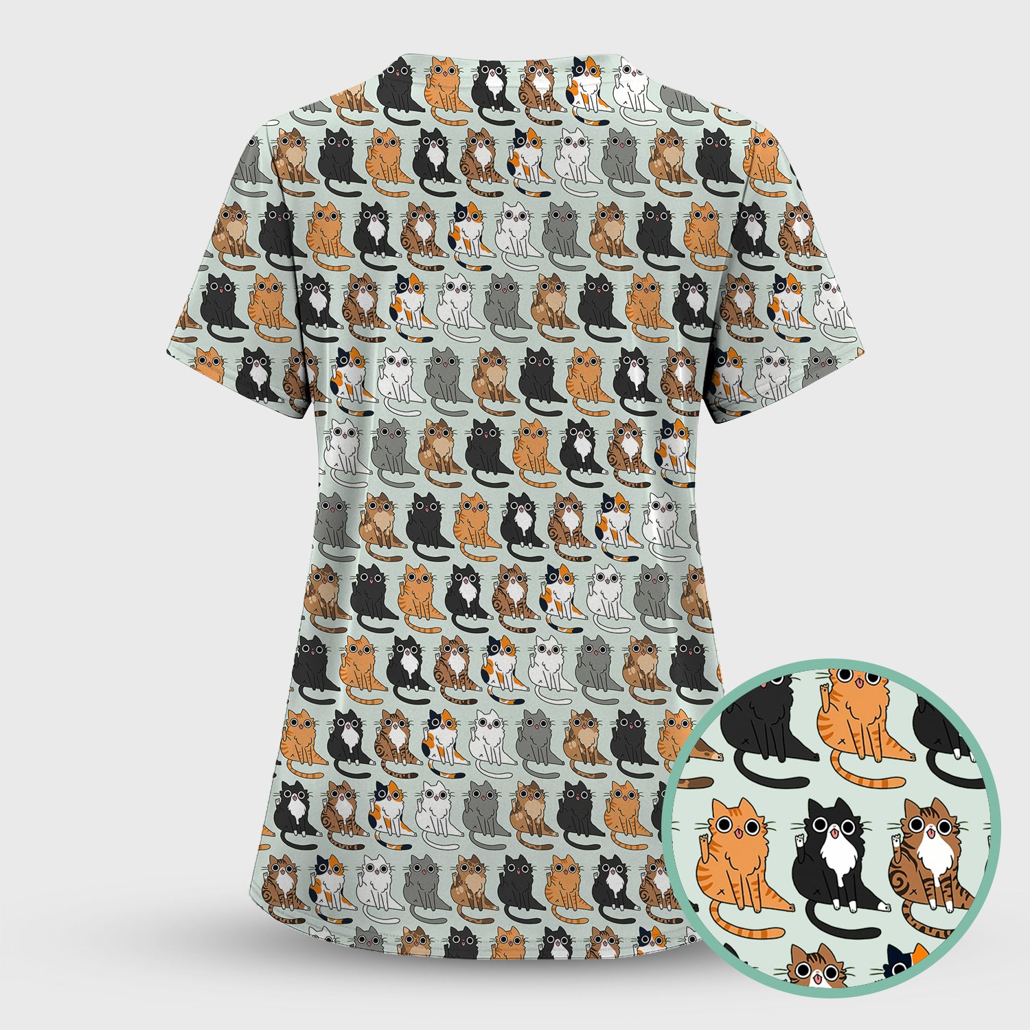 Cute Cartoon Cat Pattern Scrub Top, Comfortable Scrubs for Nurses