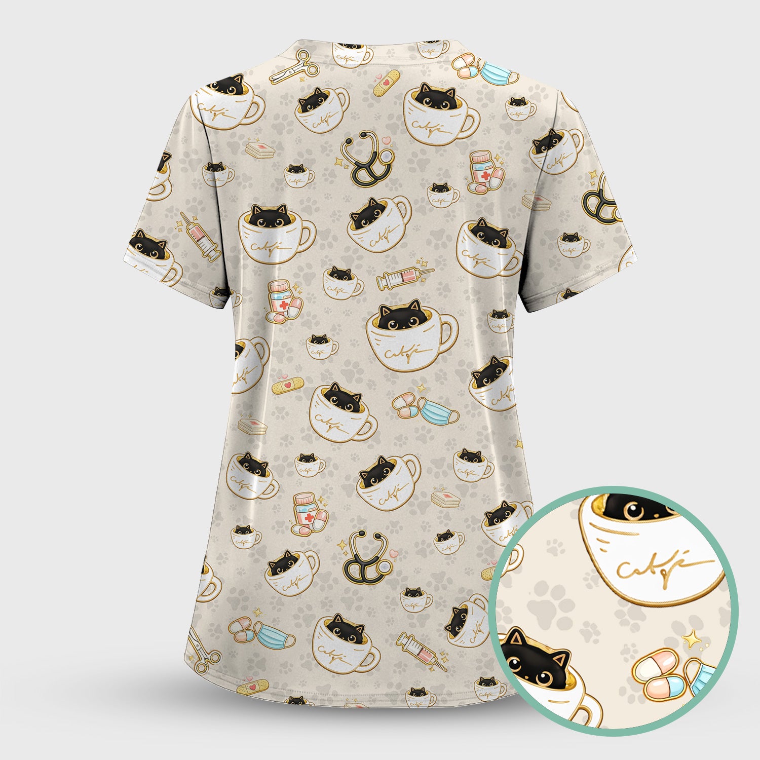 Cute Coffee Cat Medical Print Scrub Top, Breathable Fabrics Nursing Uniform