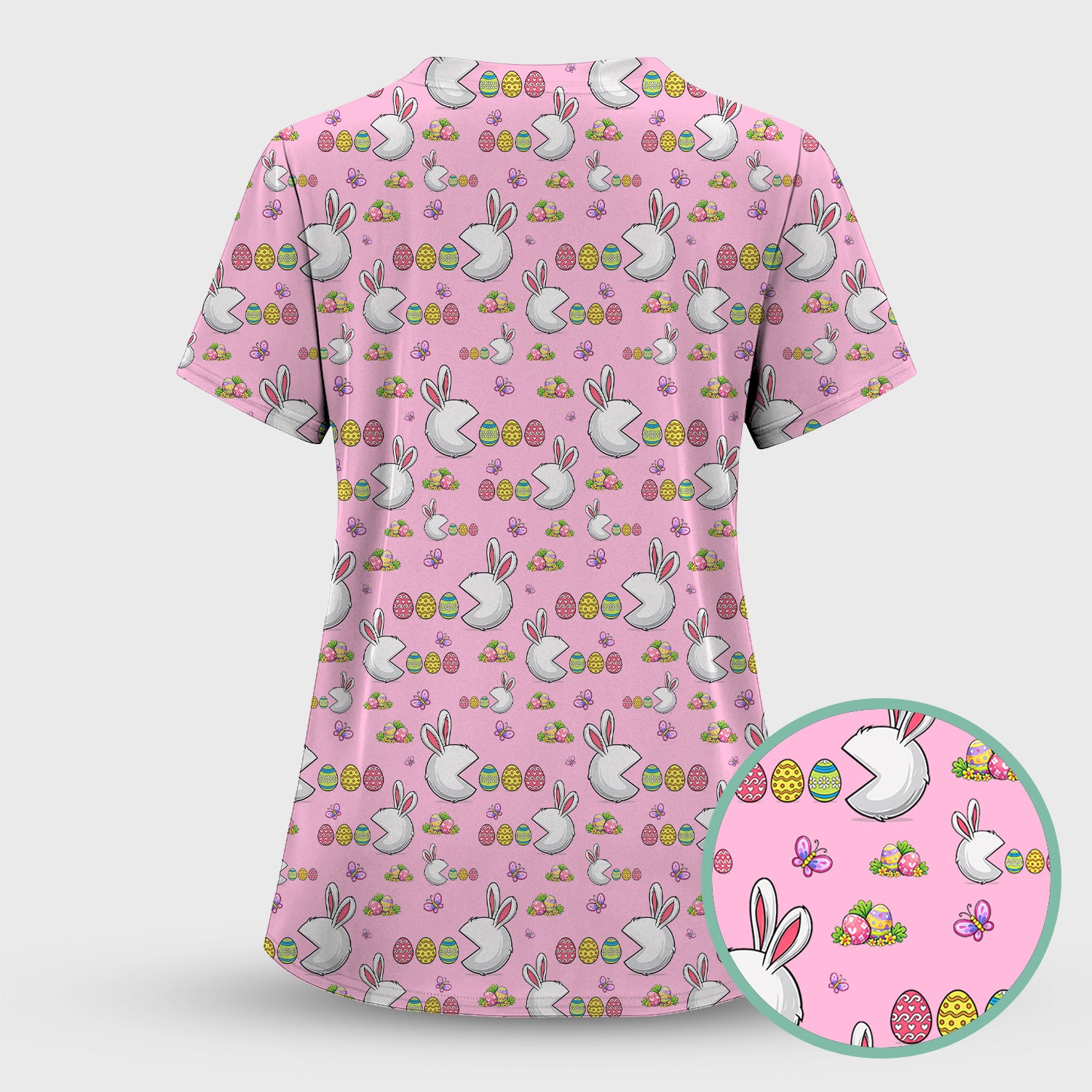 Easter Bunny and Colorful Eggs Print Scrub Top, Breathable Fabrics Nursing Uniform