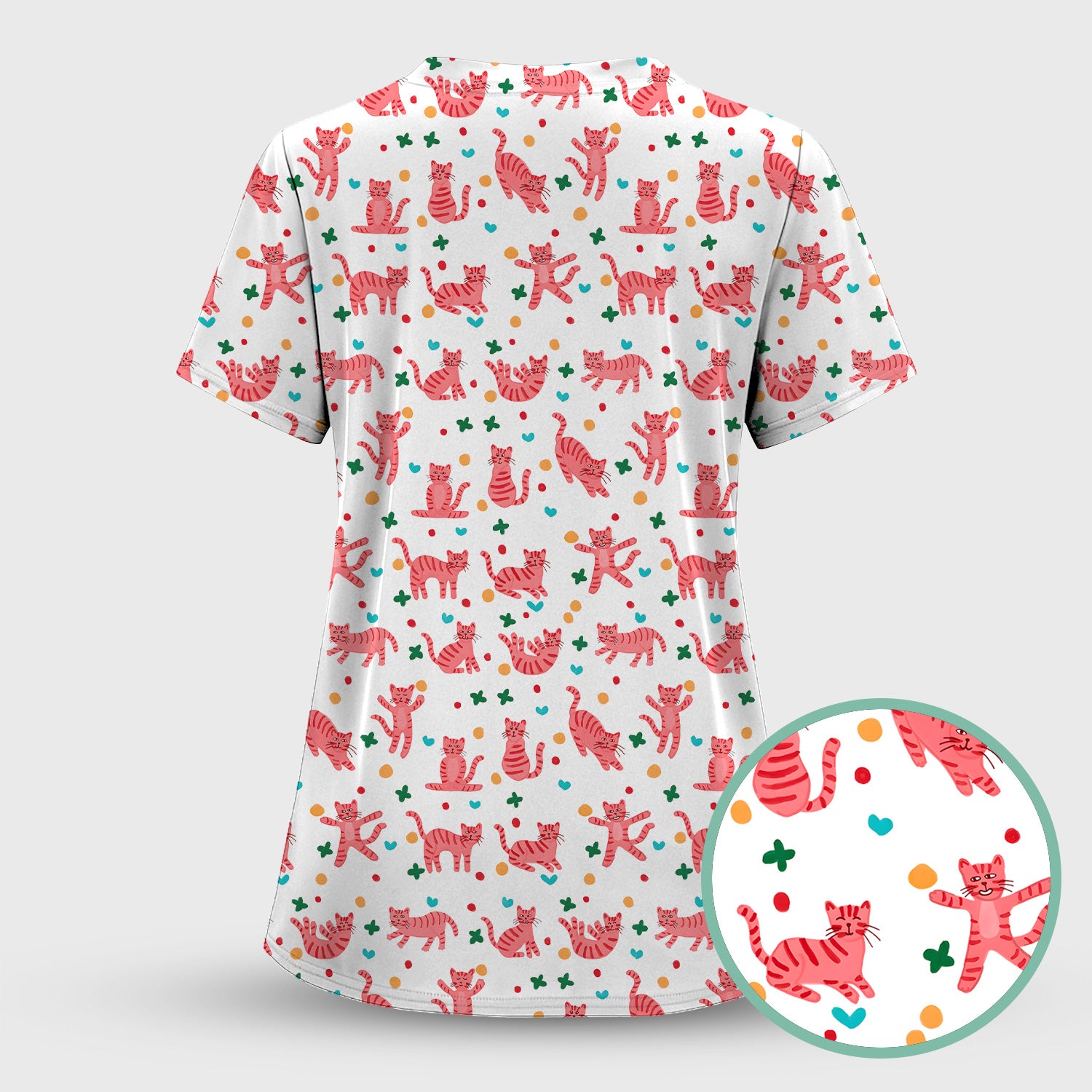 Cute Pink Cat Pattern Scrub Top, Comfortable Scrubs for Nurses