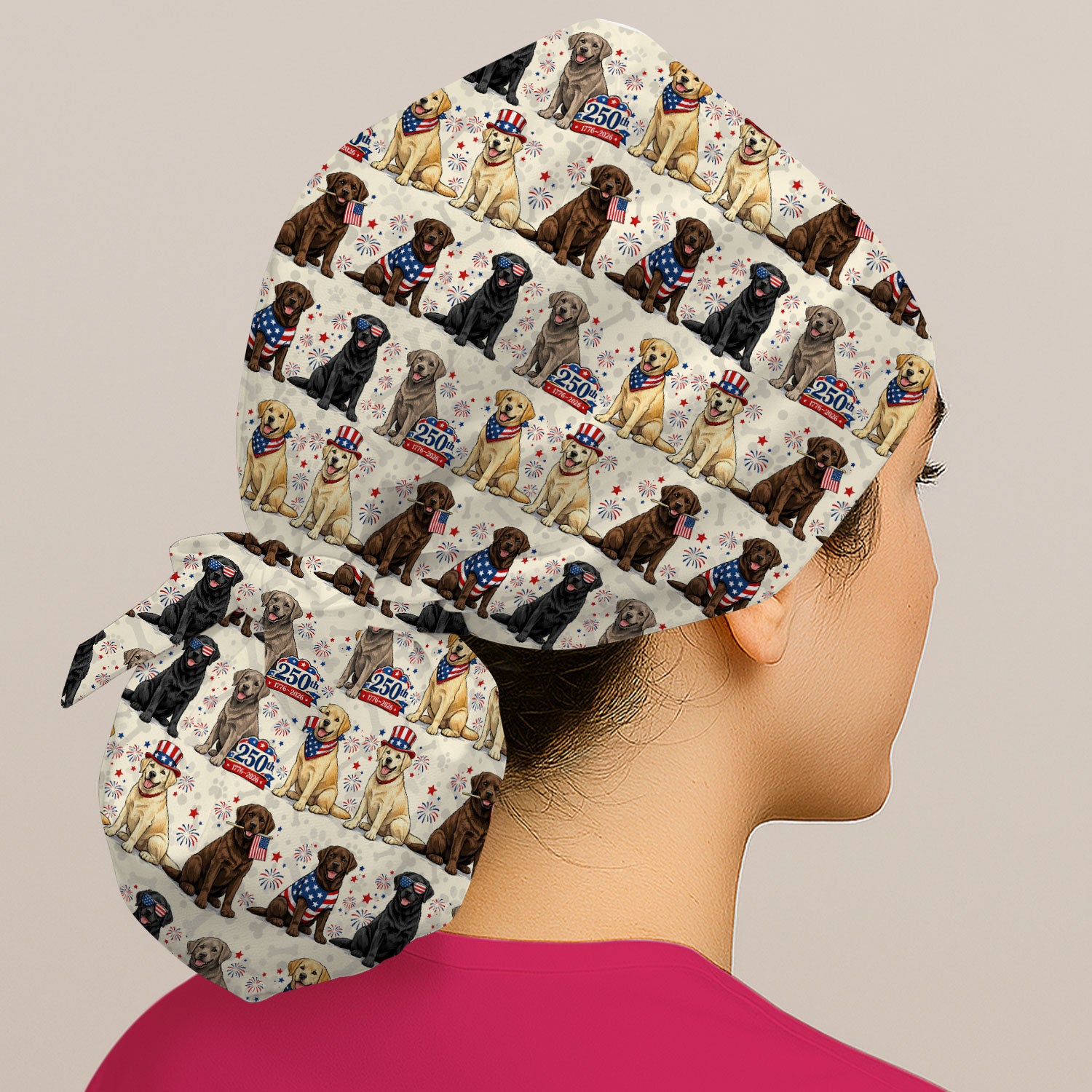 4th of July Labrador Dog Patriotic Print Cap, Bouffant Scrub Caps for Women