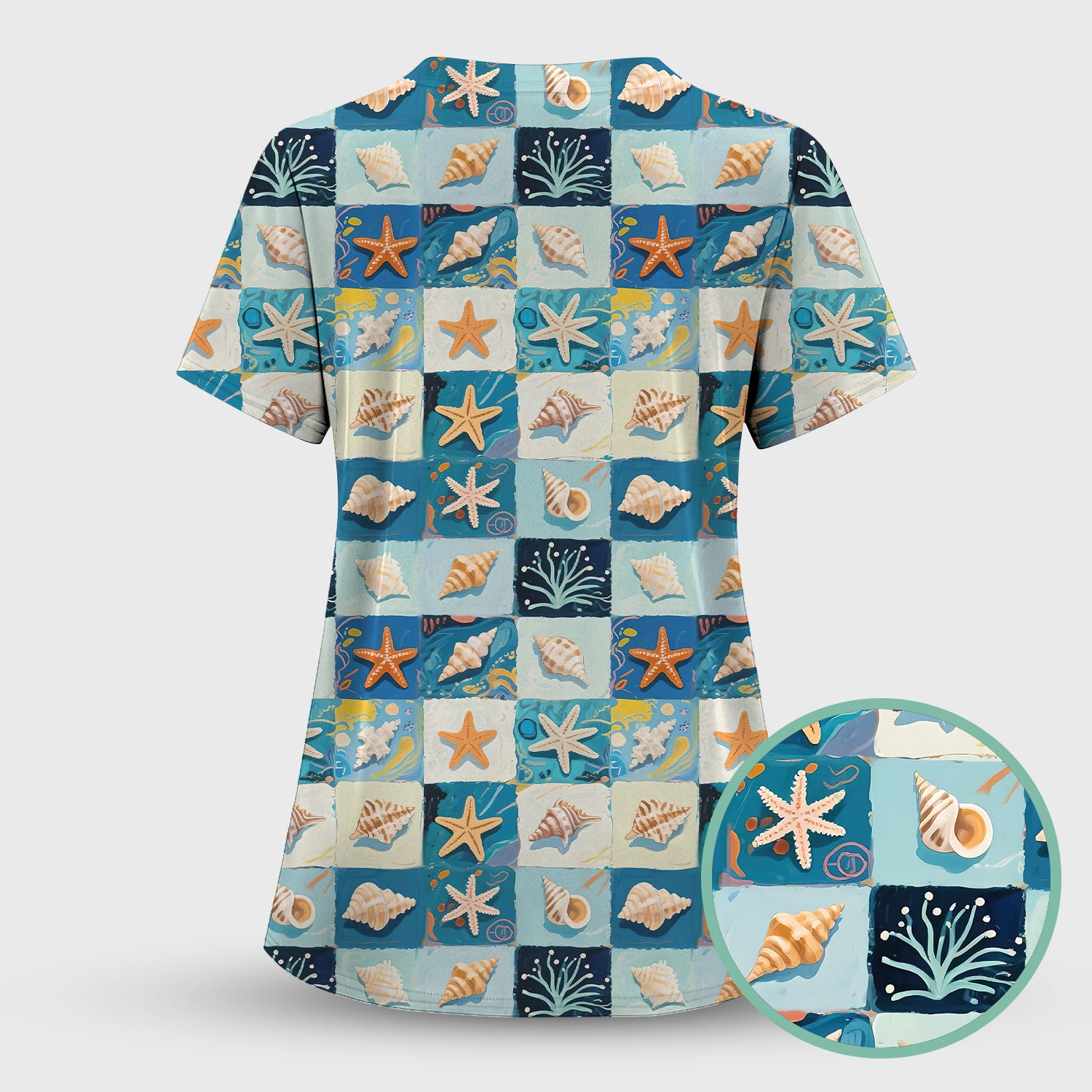 Cute Seashell Starfish Ocean Tile Pattern Scrub Top, Comfortable Scrubs for Nurses