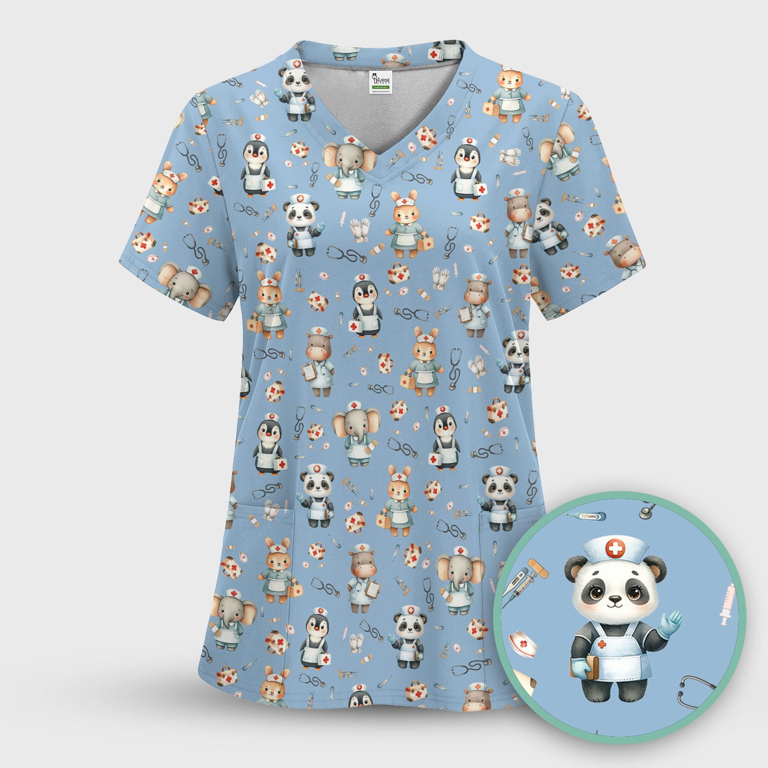 Cute Animal Scrub Top for Women - Panda Bunny Penguin Print Med Uniform - Comfortable Pastel Scrubs for Nurses
