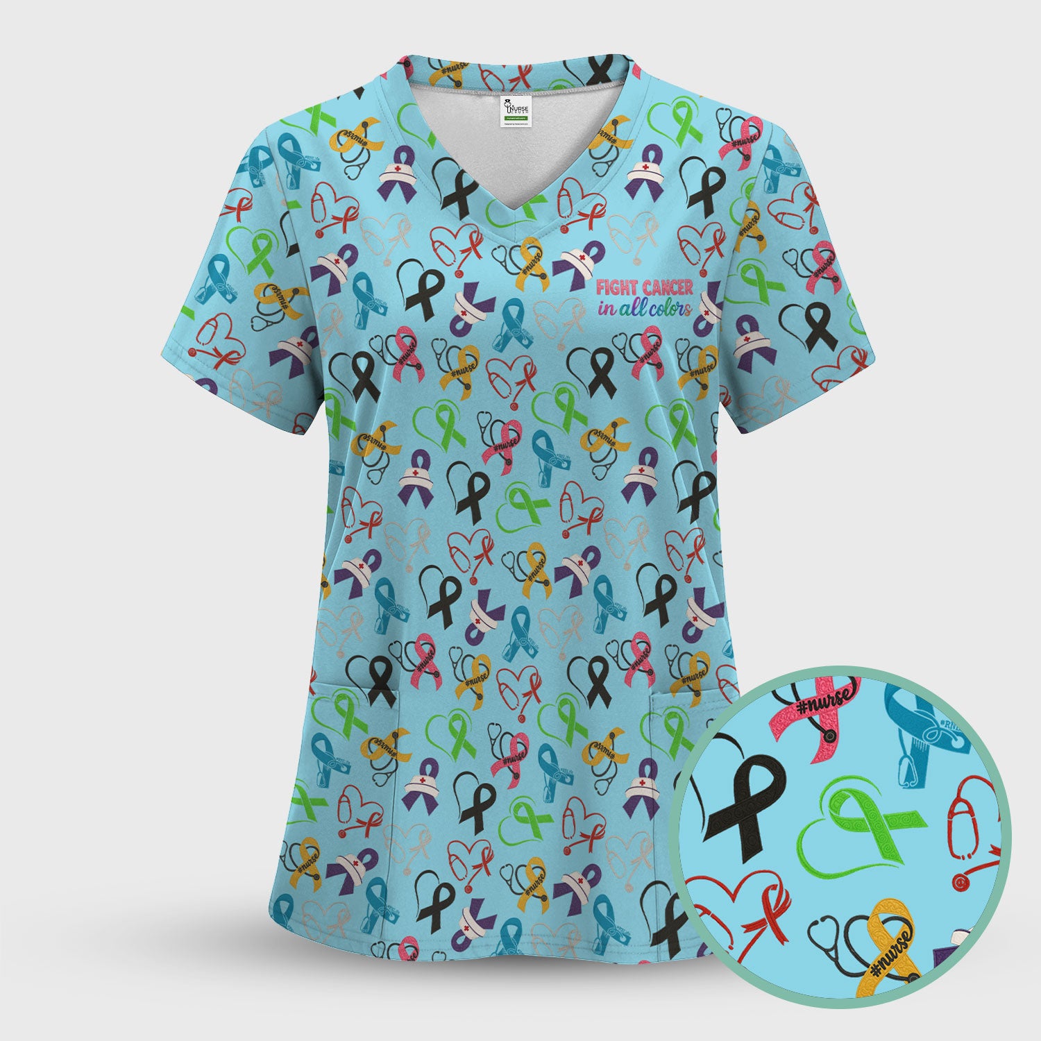 Fight Cancer Scrub Top - Colorful Awareness Ribbon Nurse Shirt - Support Cancer Awareness Medical Scrubs with Pockets for Women CNA RN Doctor