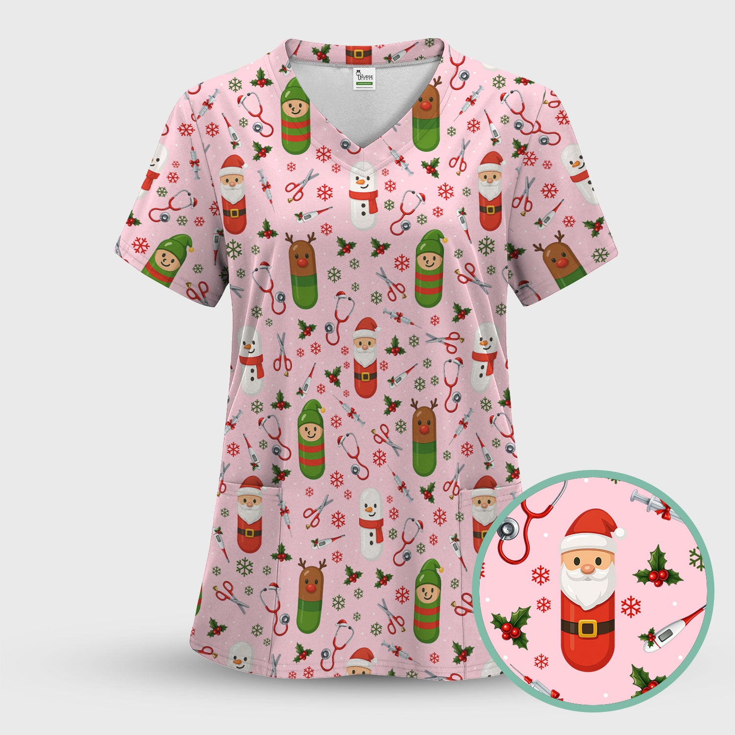 Christmas Scrub Top for Nurses – Cute Santa and Medical Tools Pattern – Holiday Nurse Scrubs with Snowman and Reindeer Design