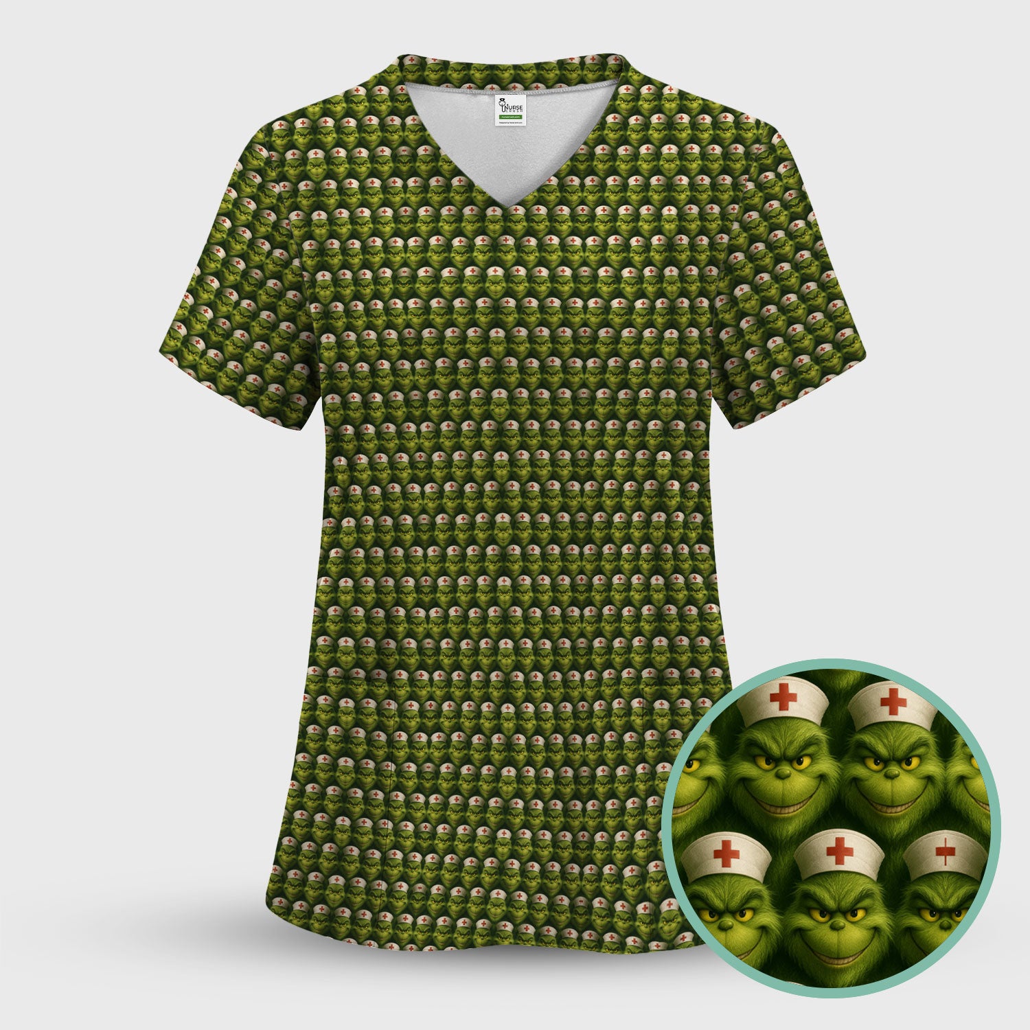 Personalized Nurse Grinch Scrub - Funny Christmas Scrub Top for Women - Custom RN LPN CNA Nursing Gift