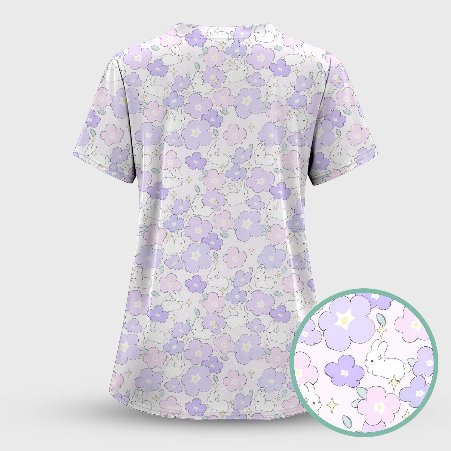 Cute Bunny Floral Pastel Pattern Scrub Top, Breathable Fabrics Nursing Uniform